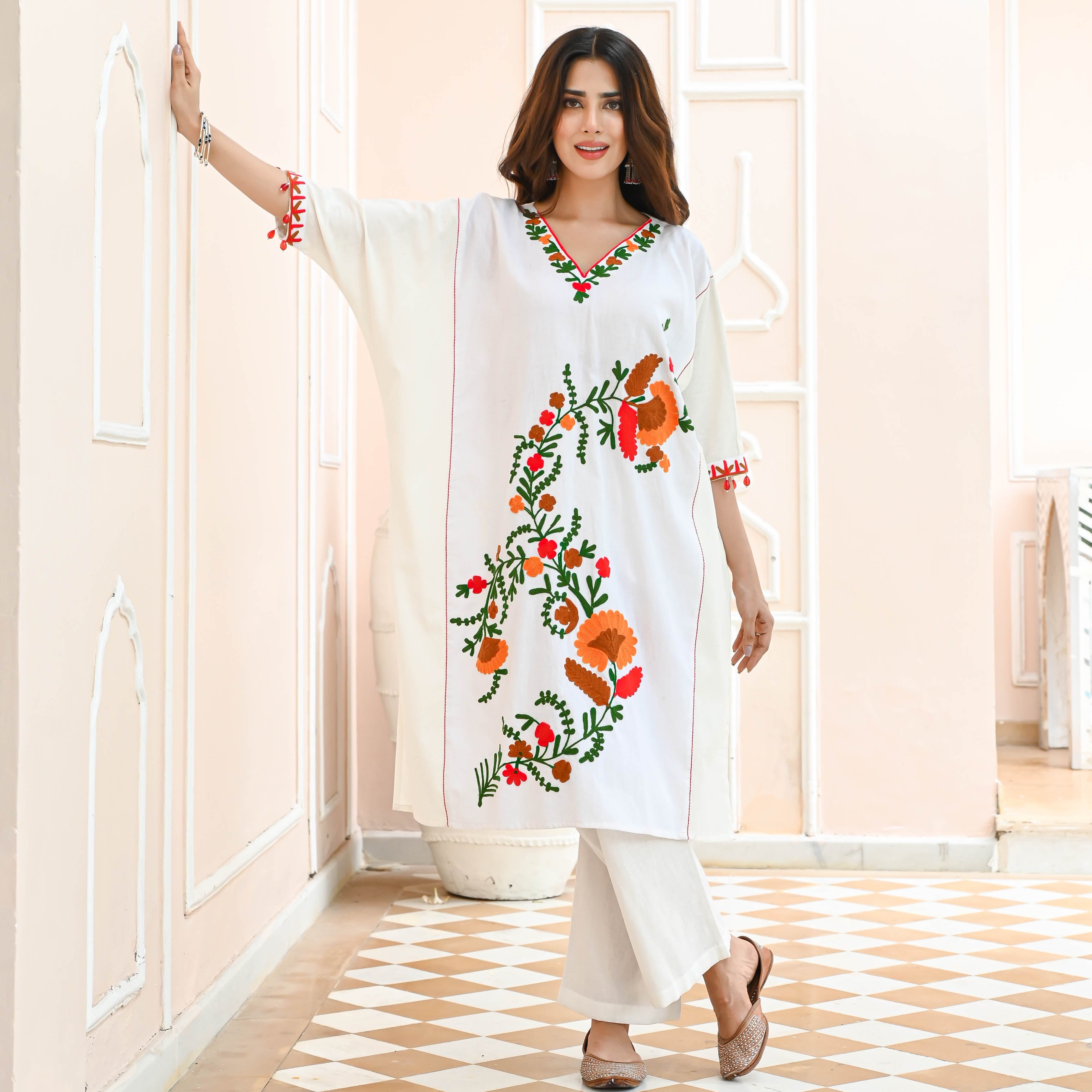 White Floral V Neck Embroidered Cotton Co-ord Set For Women Online