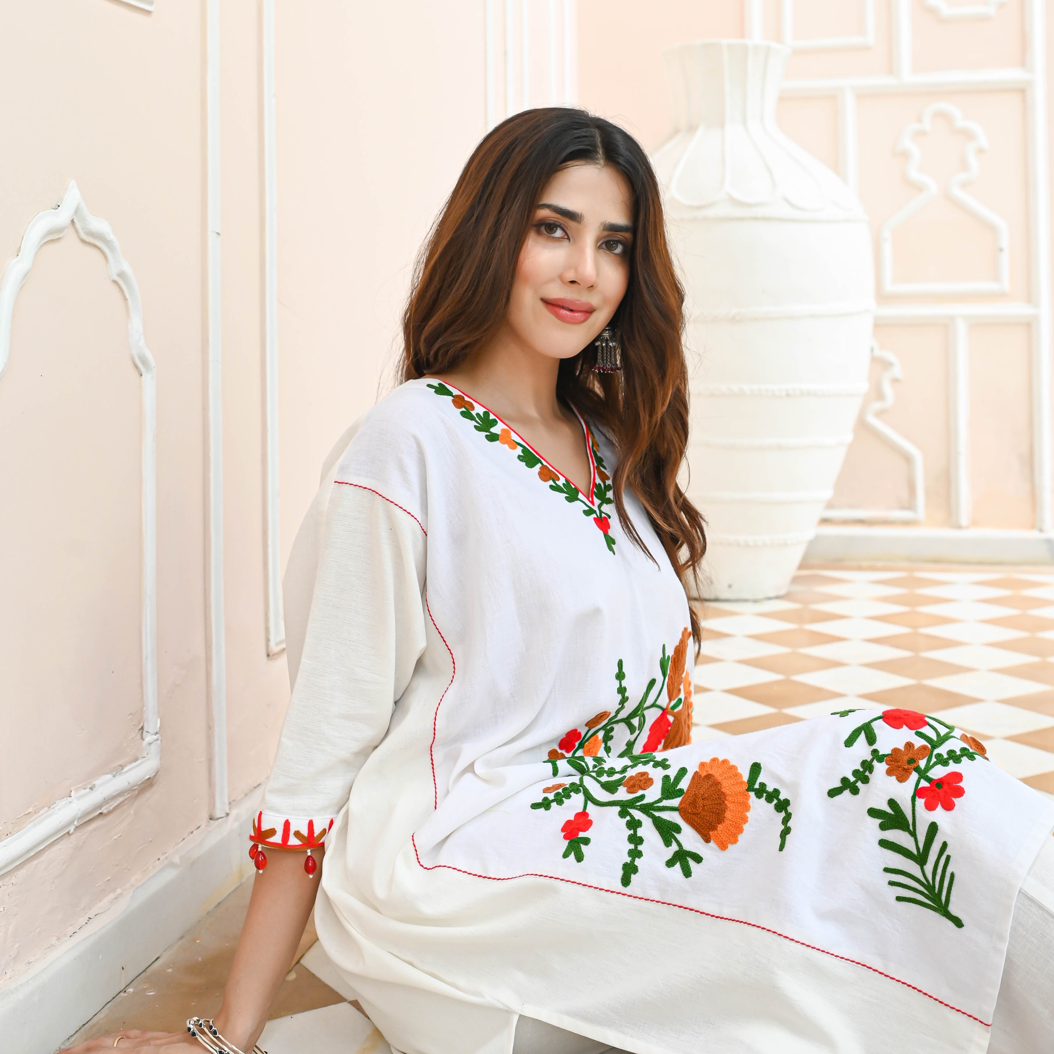 White Floral V Neck Embroidered Cotton Co-ord Set For Women Online