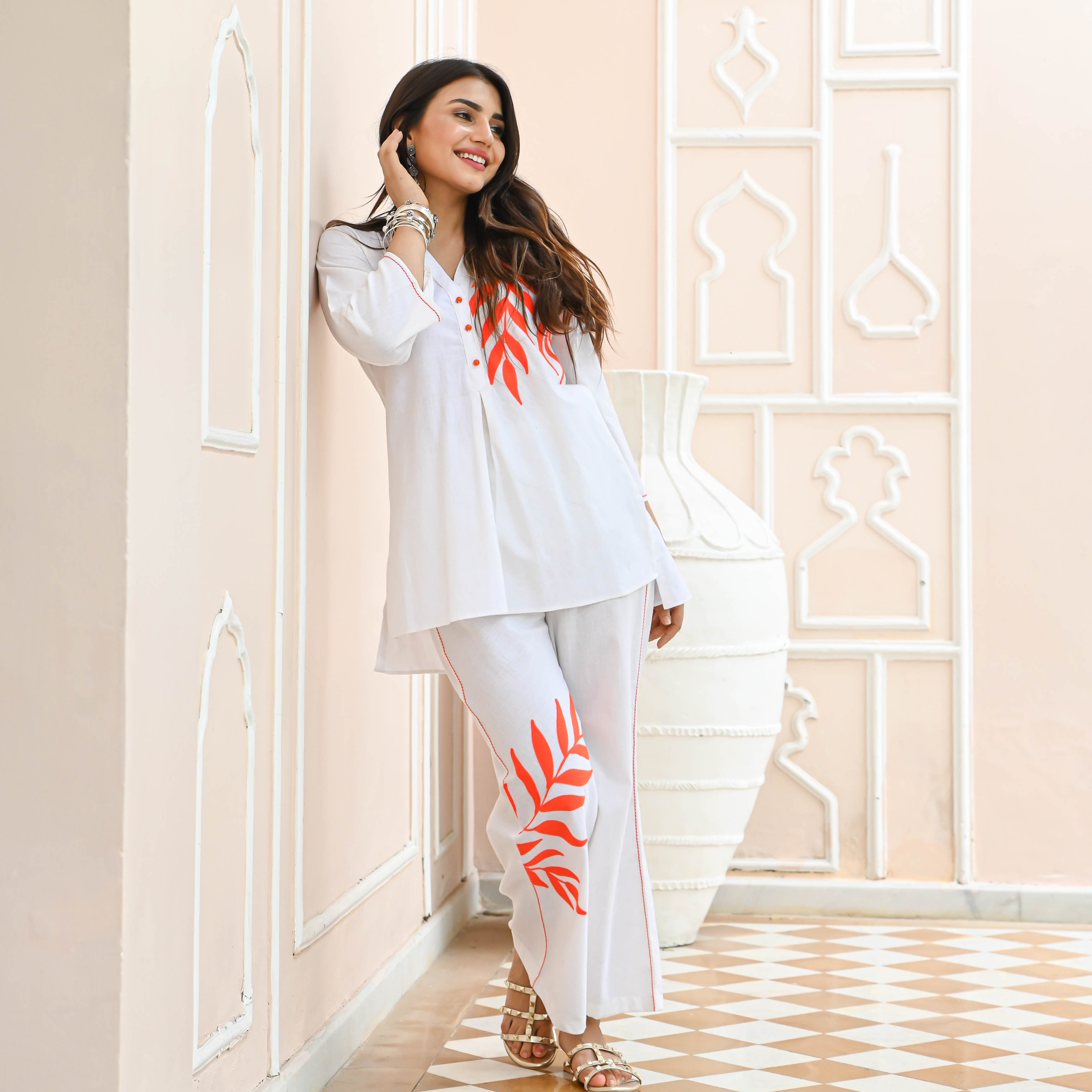 White Leaf V Neck Embroidered Cotton Co-ord Set For Women Online