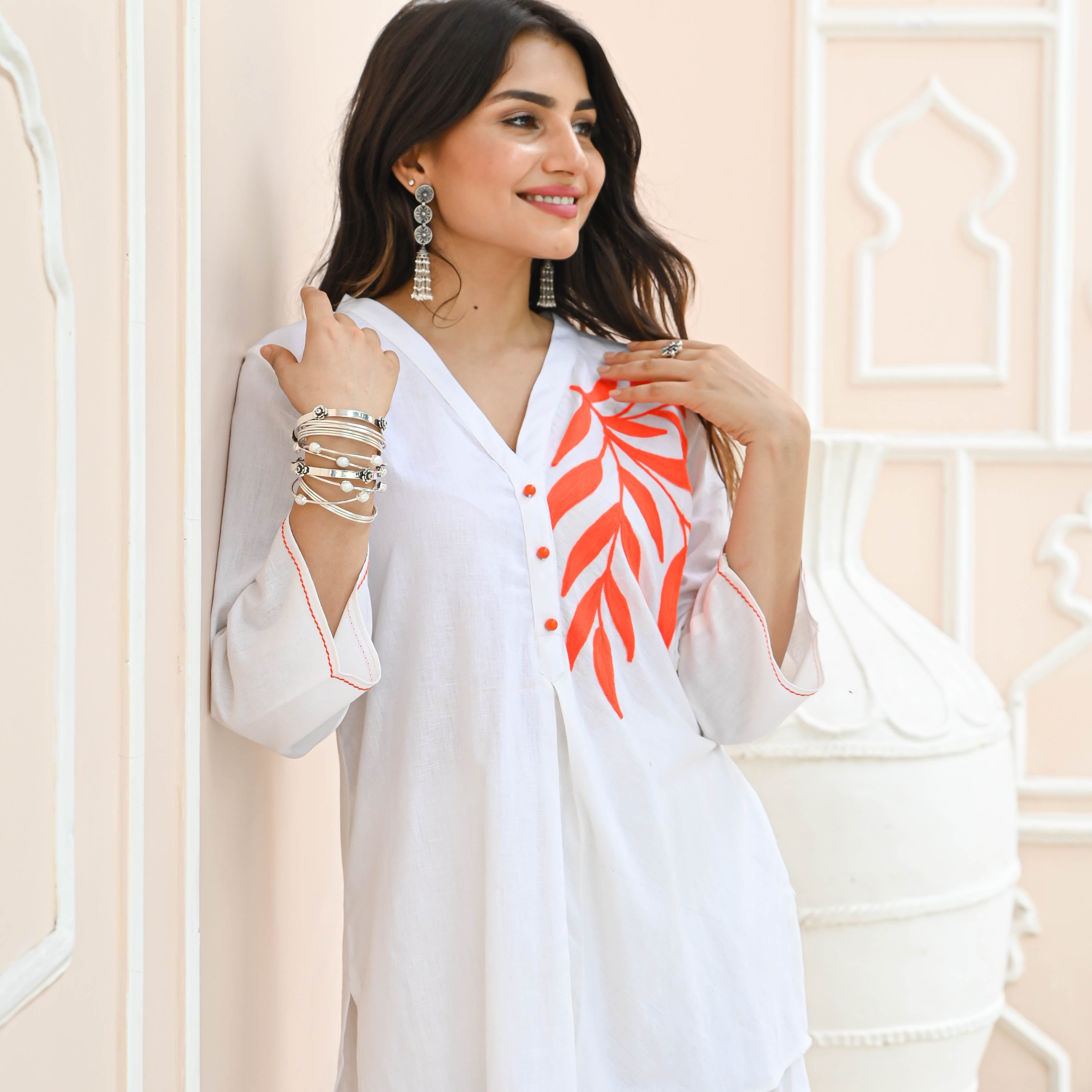 White Leaf V Neck Embroidered Cotton Co-ord Set For Women Online