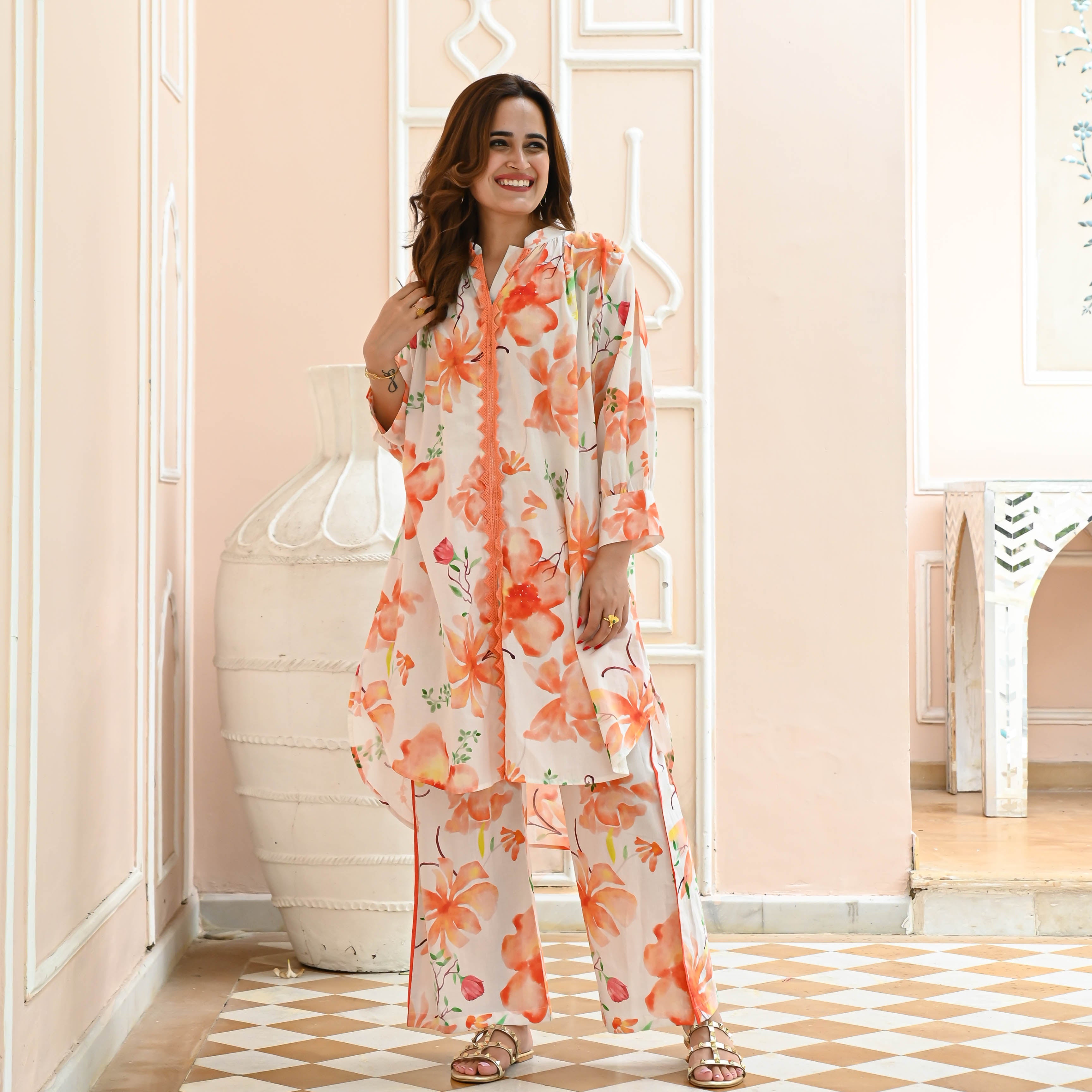Tulsi White Orange Floral Designer Cotton Co-ord Set For Women Online