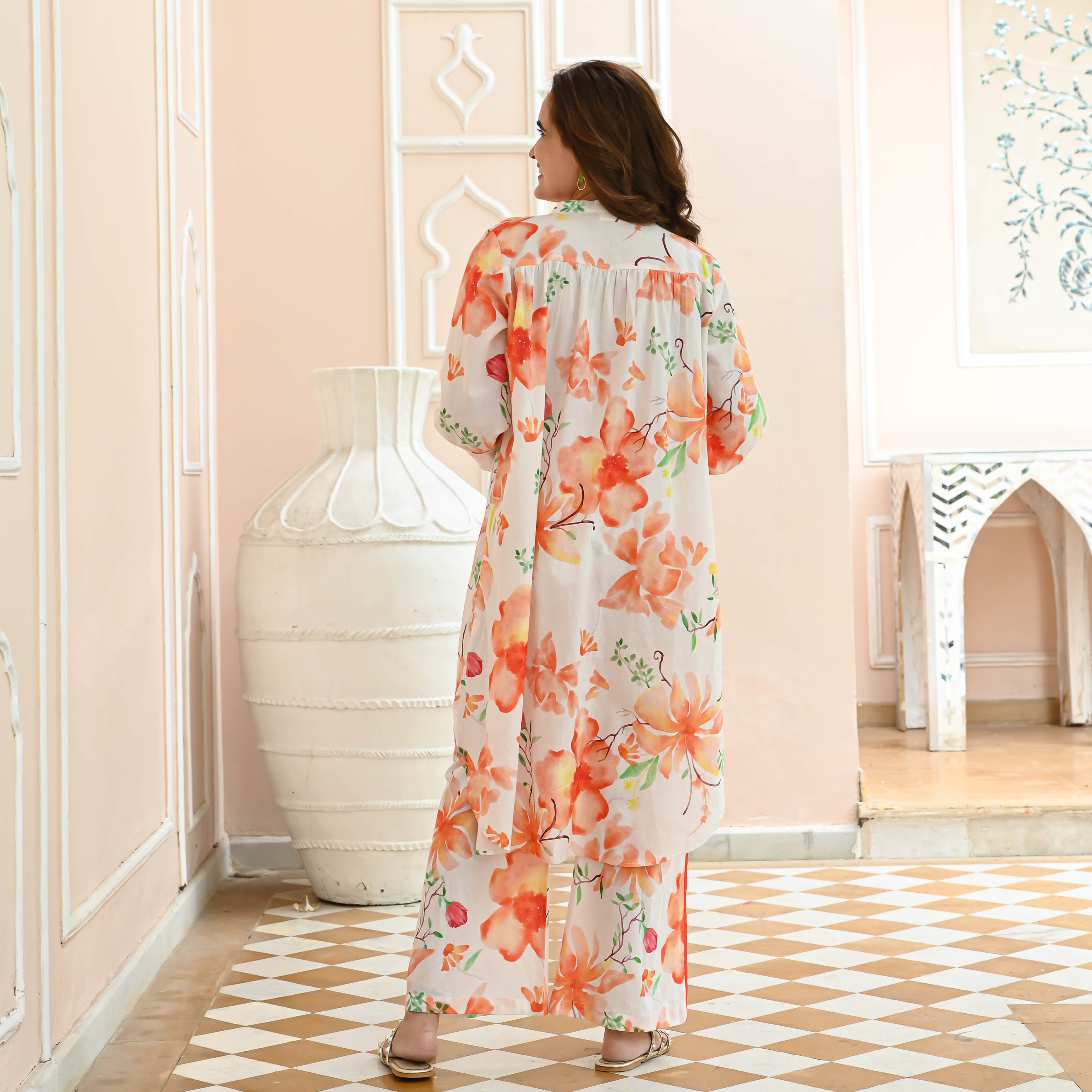 White Orange Floral Cotton Co-ord Set for Women Online