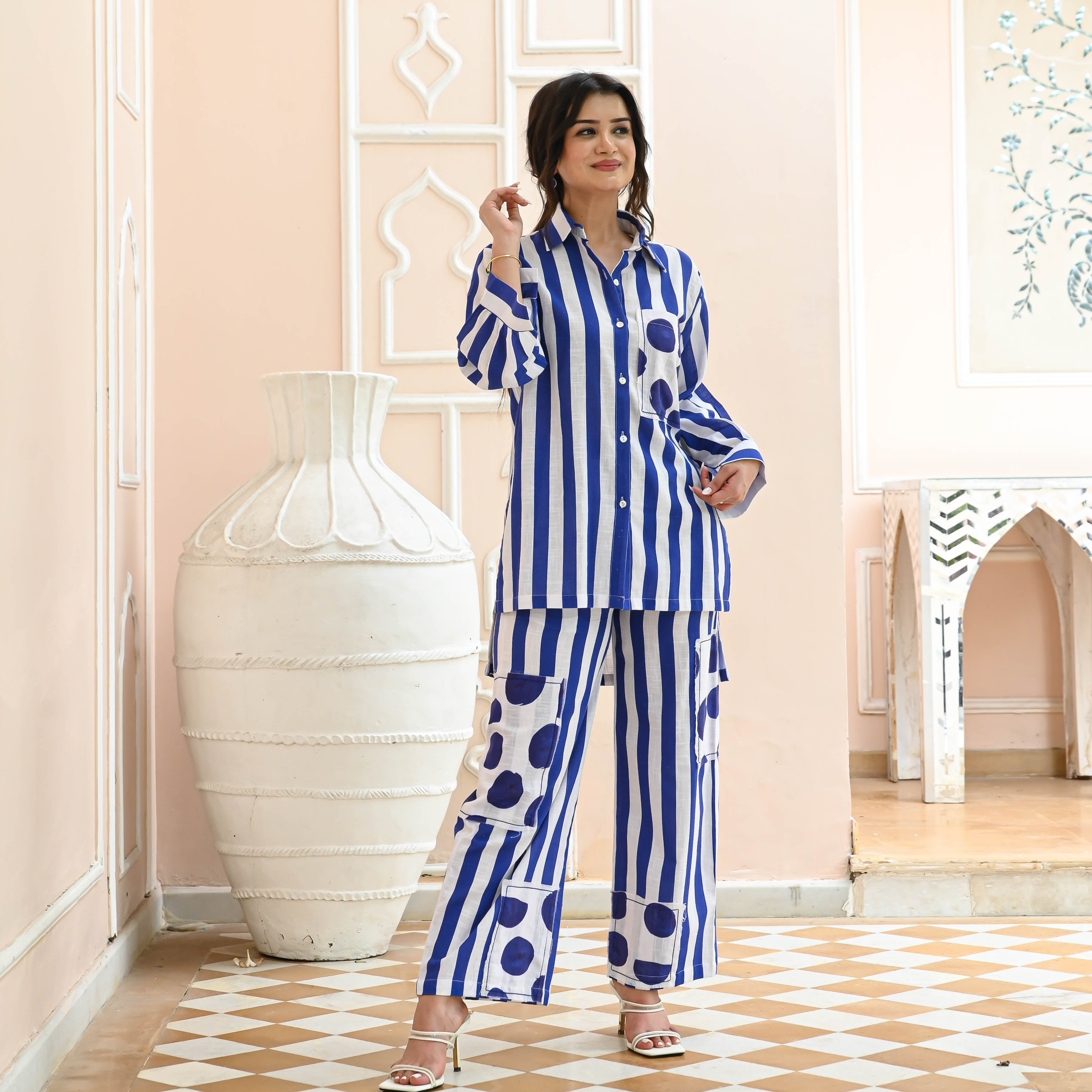 Ayesha White Blue Polka Stripe Floral Designer Cotton Co-ord Set For Women Online