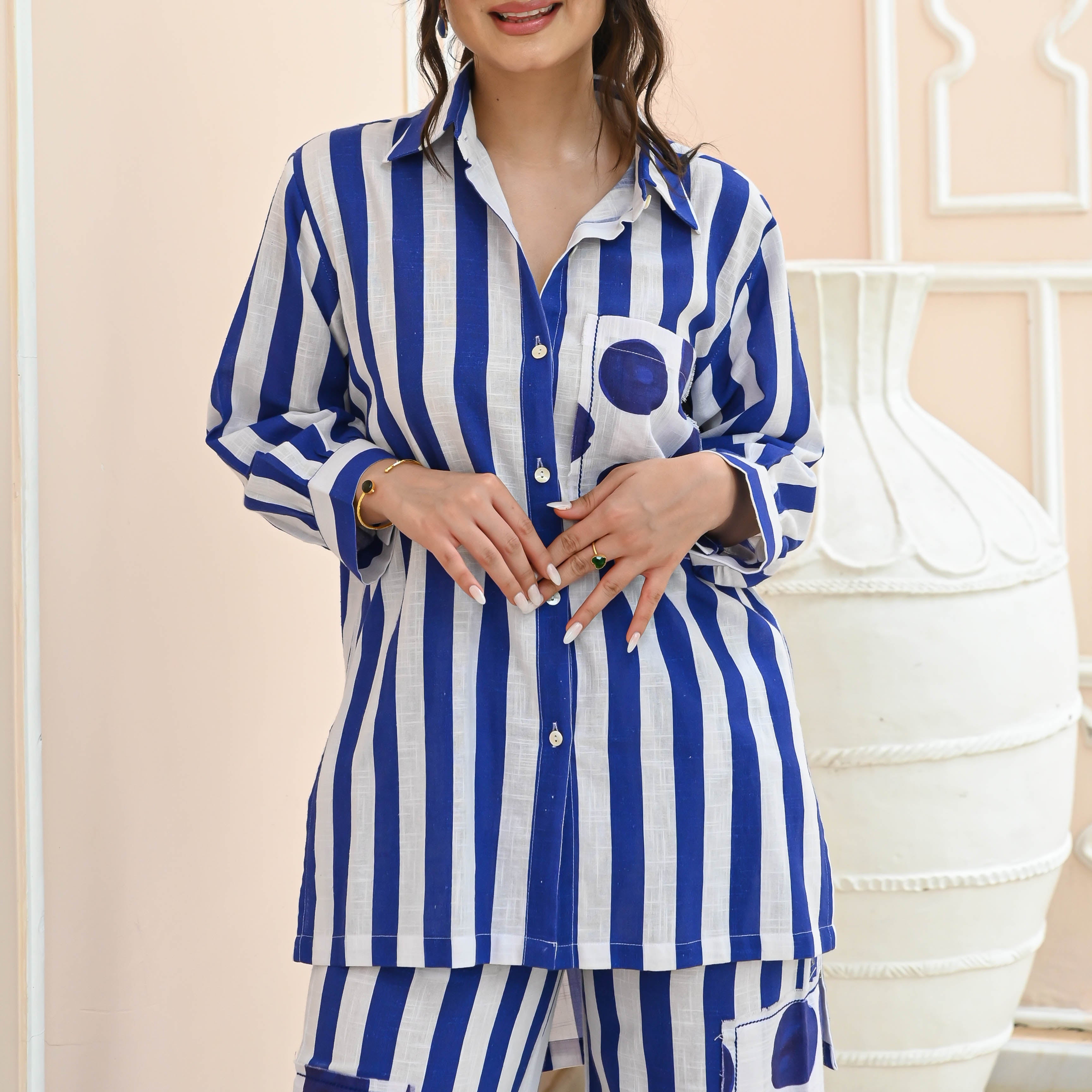 Ayesha White Blue Polka Stripe Floral Designer Cotton Co-ord Set For Women Online