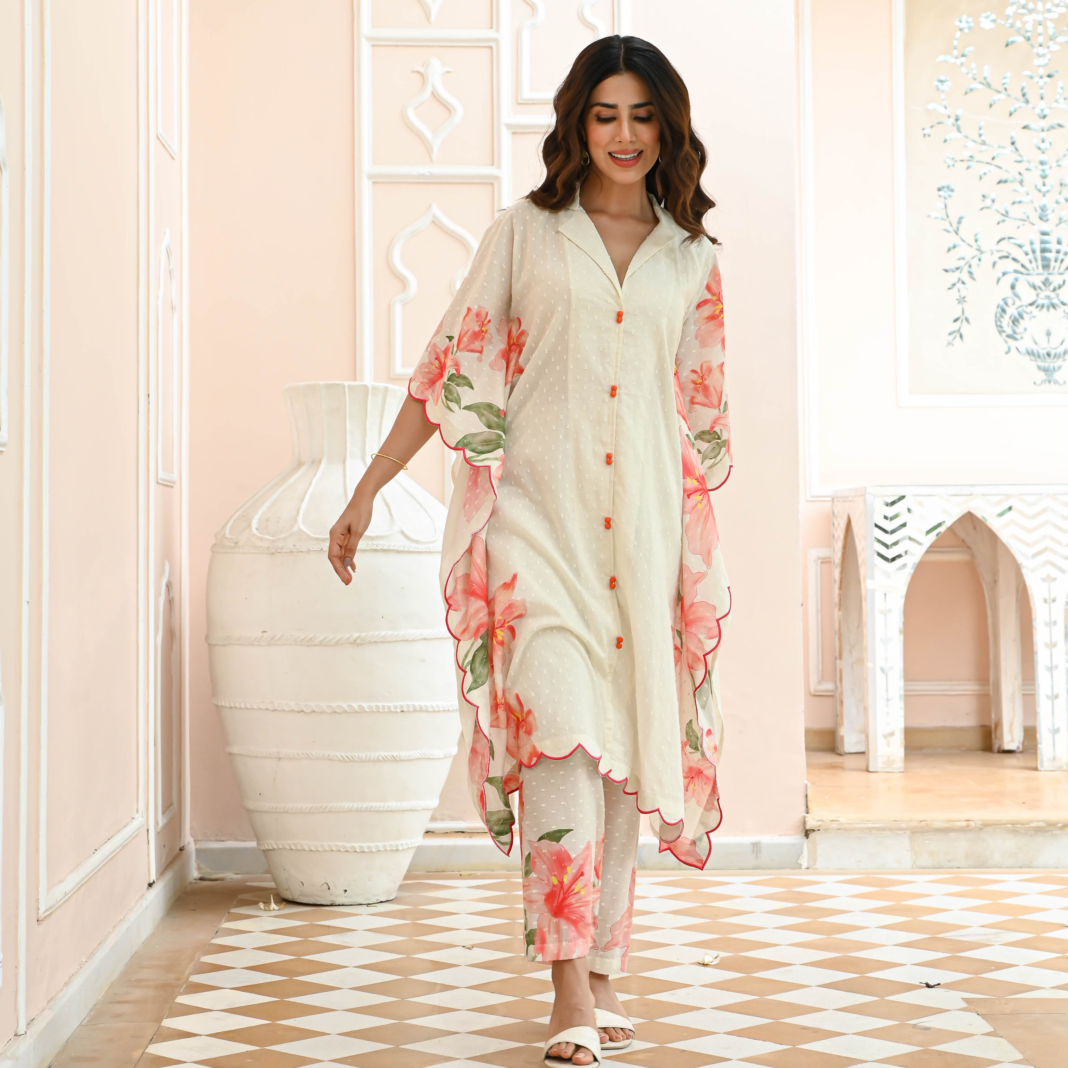 Gitanjali Beige Floral Designer Cotton Co-ord Set For Women Online