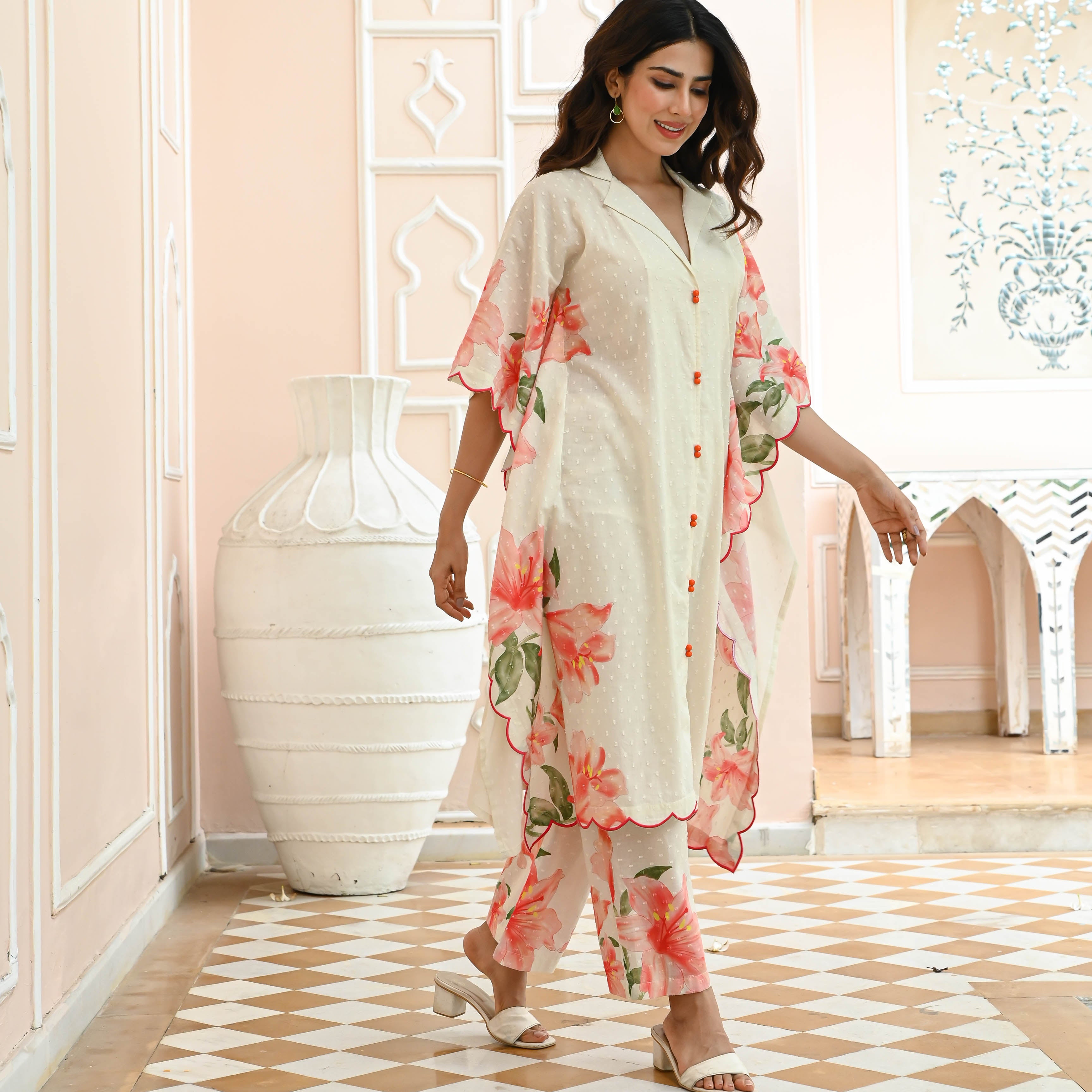 Beige Floral Cotton Dobby Co-ord Set for Women Online