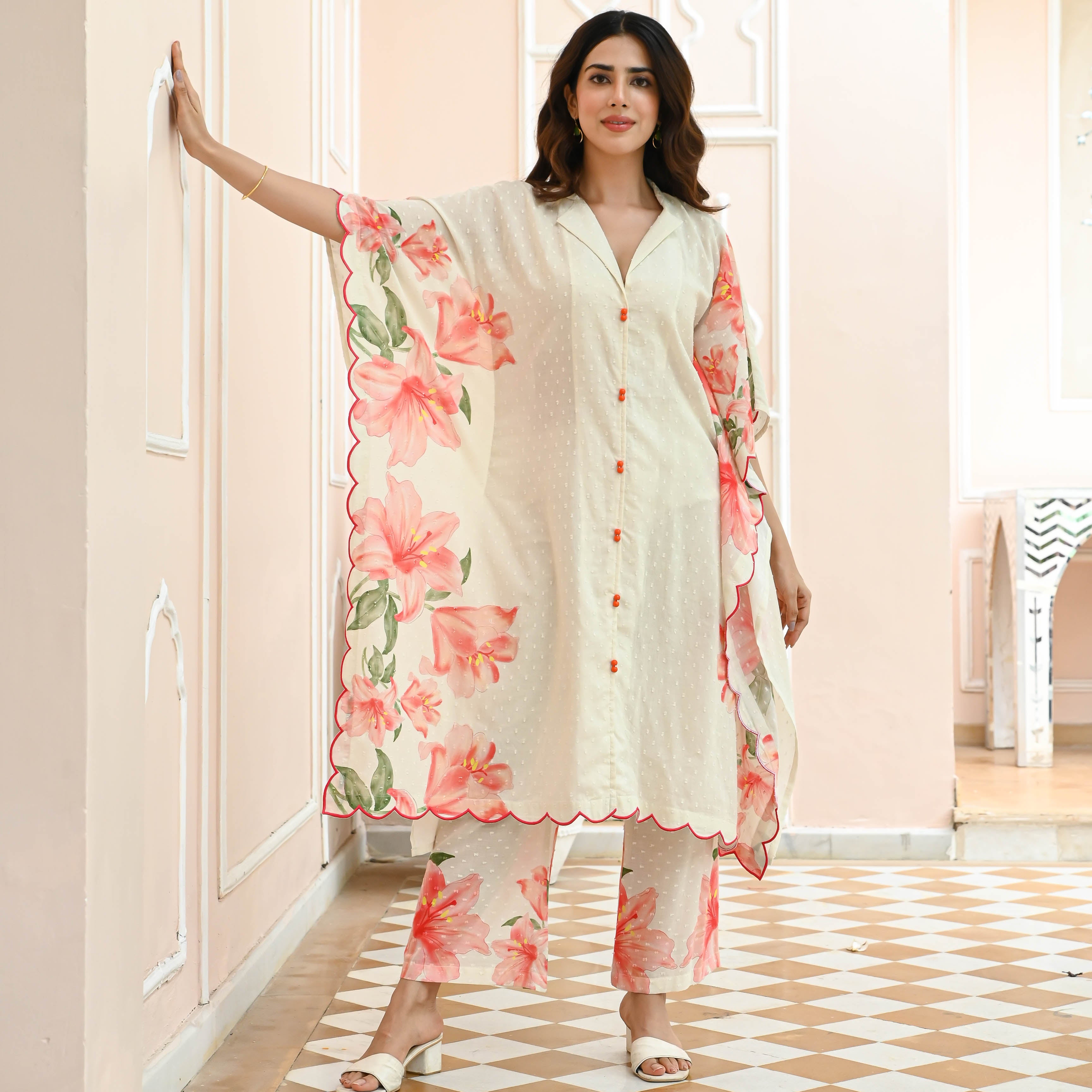 Beige Floral Cotton Dobby Co-ord Set for Women Online
