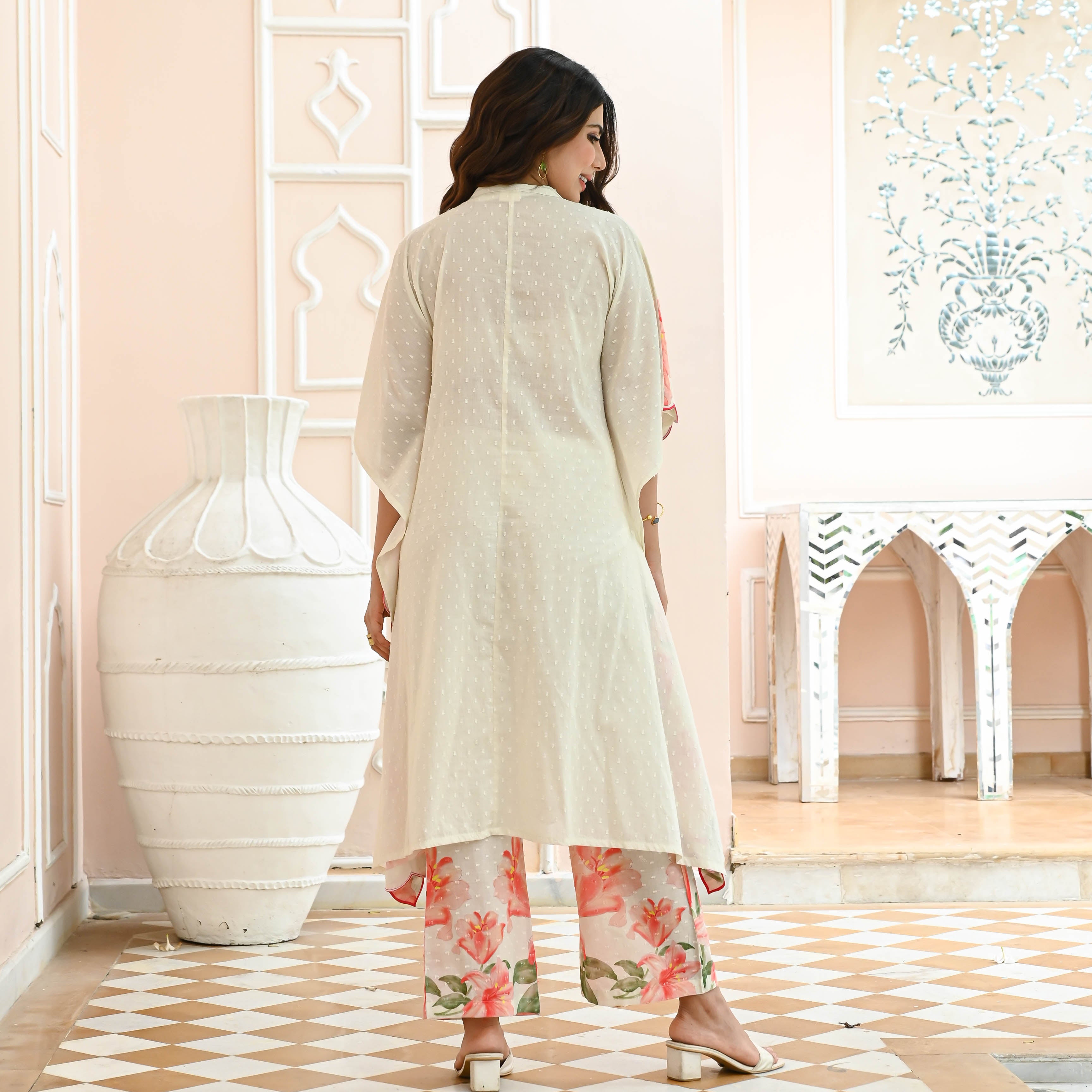 Beige Floral Cotton Dobby Co-ord Set for Women Online