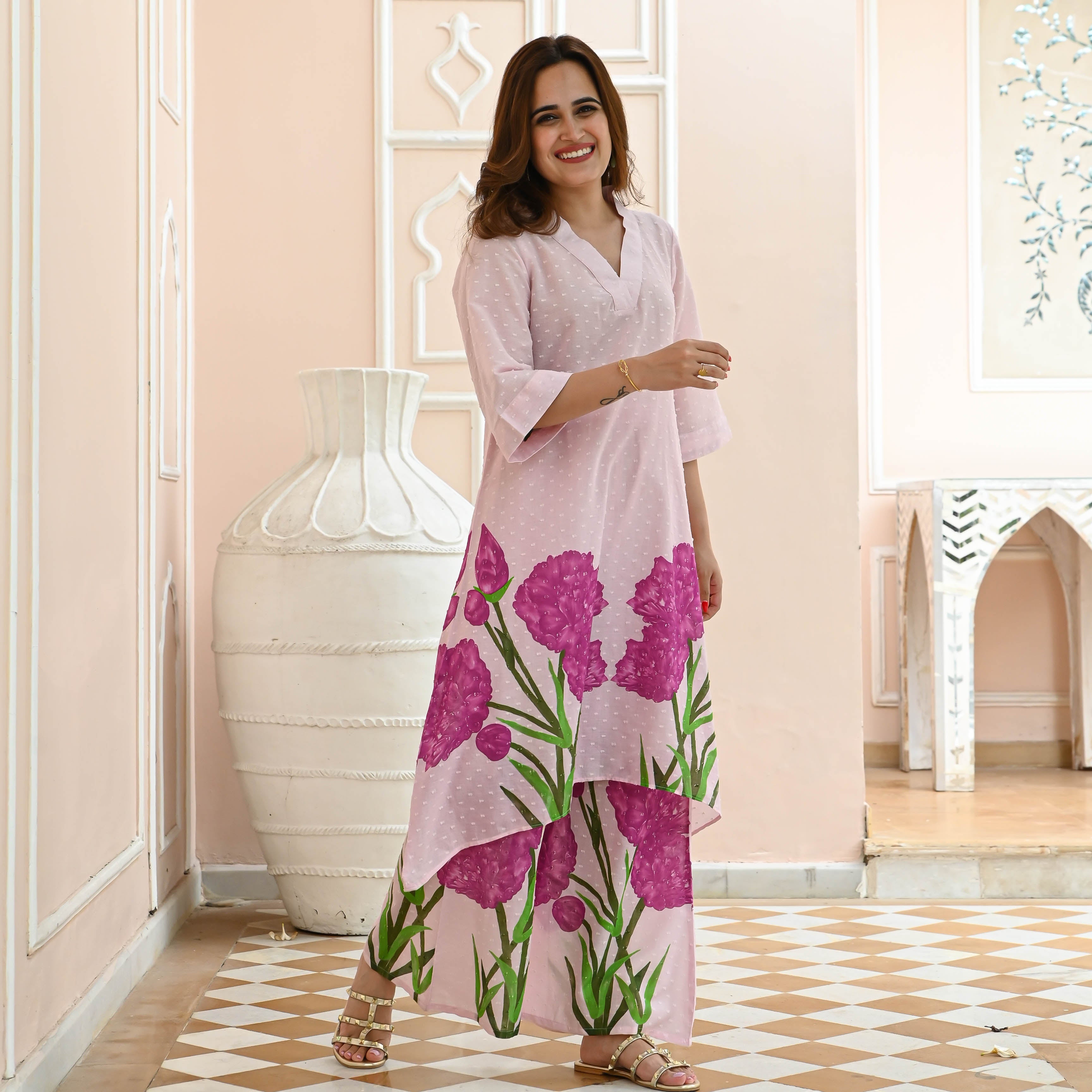 Pink Floral Cotton Dobby Co-ord Set for Women Online