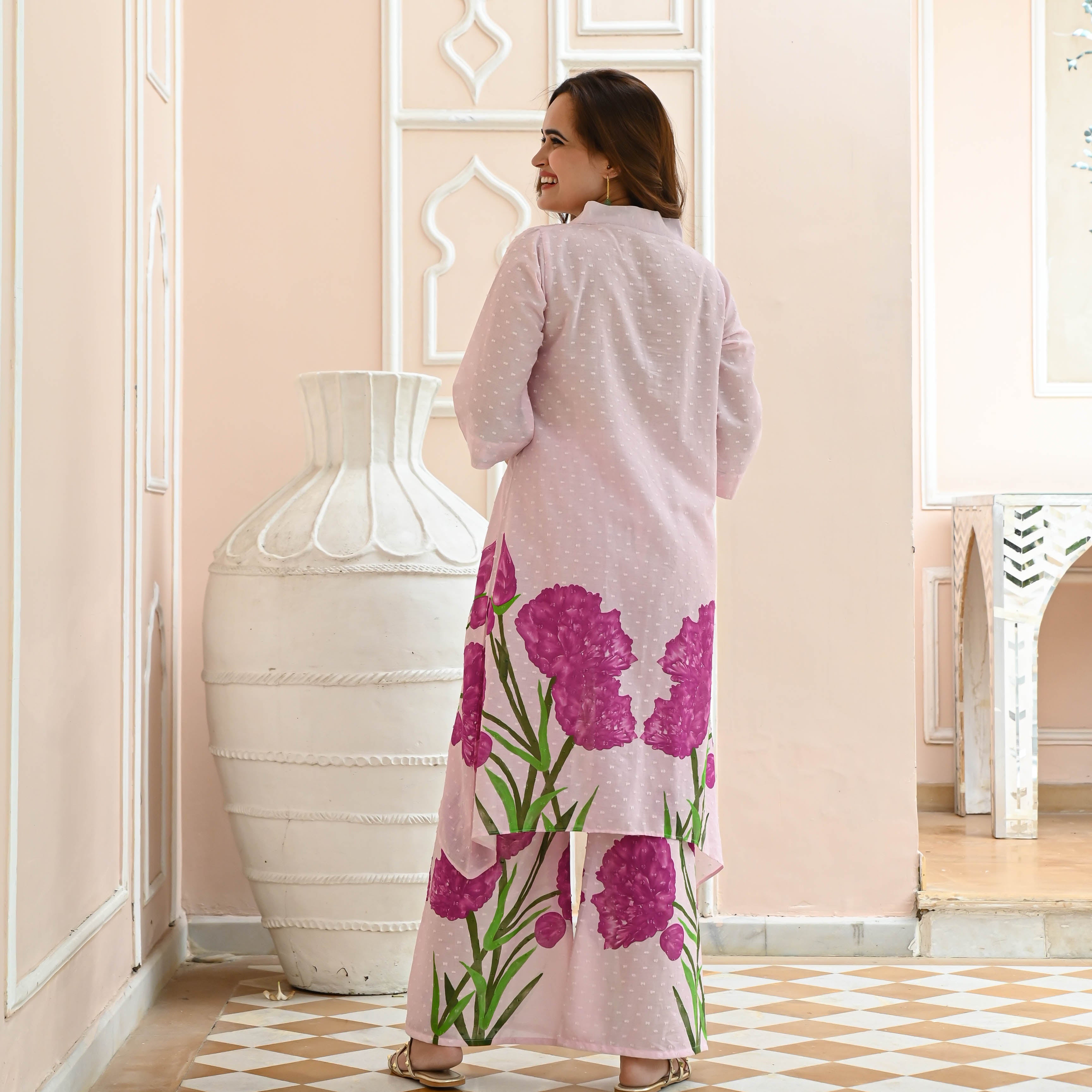 Pink Floral Cotton Dobby Co-ord Set for Women Online