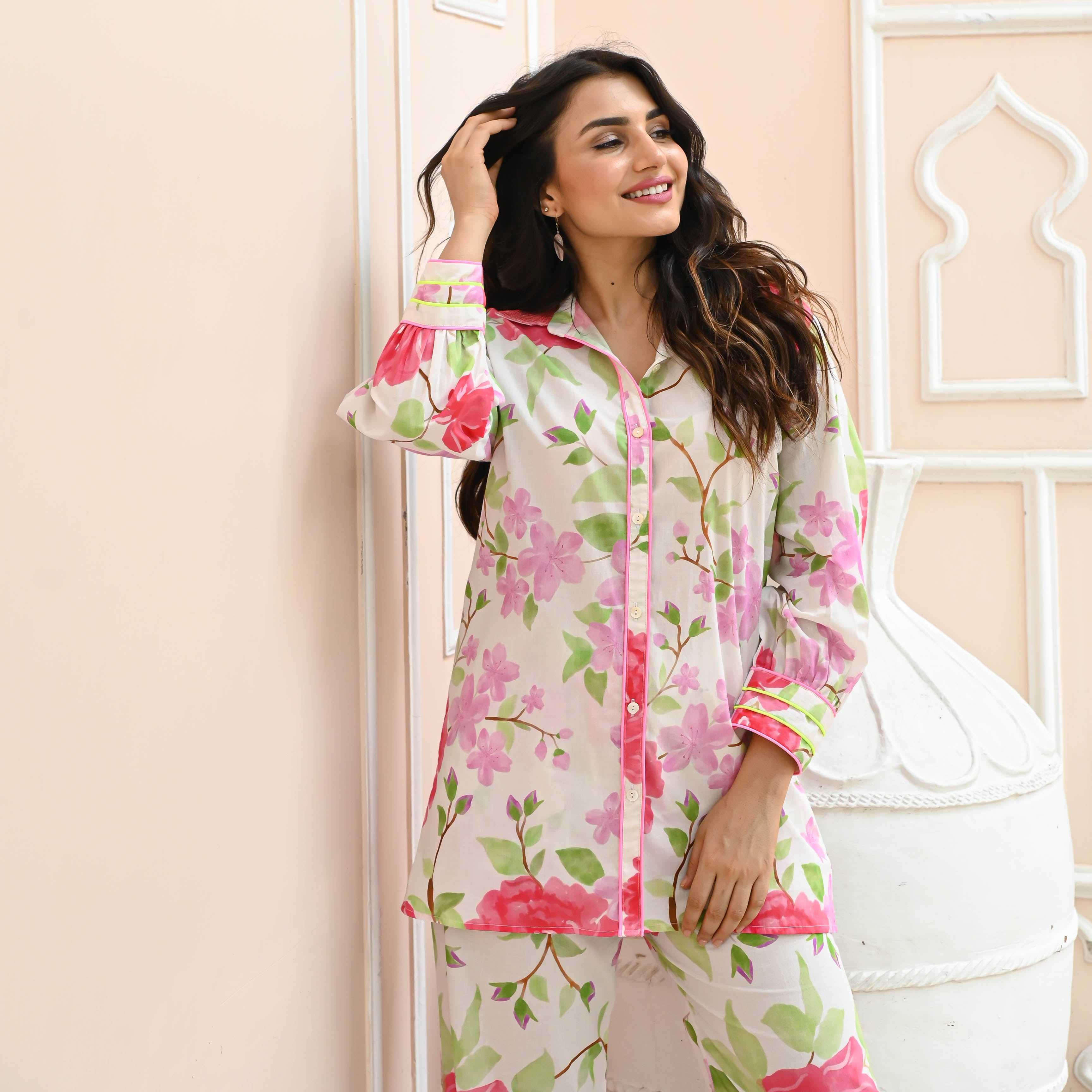 Kamala White Floral Designer Cotton Co-ord Set For Women Online