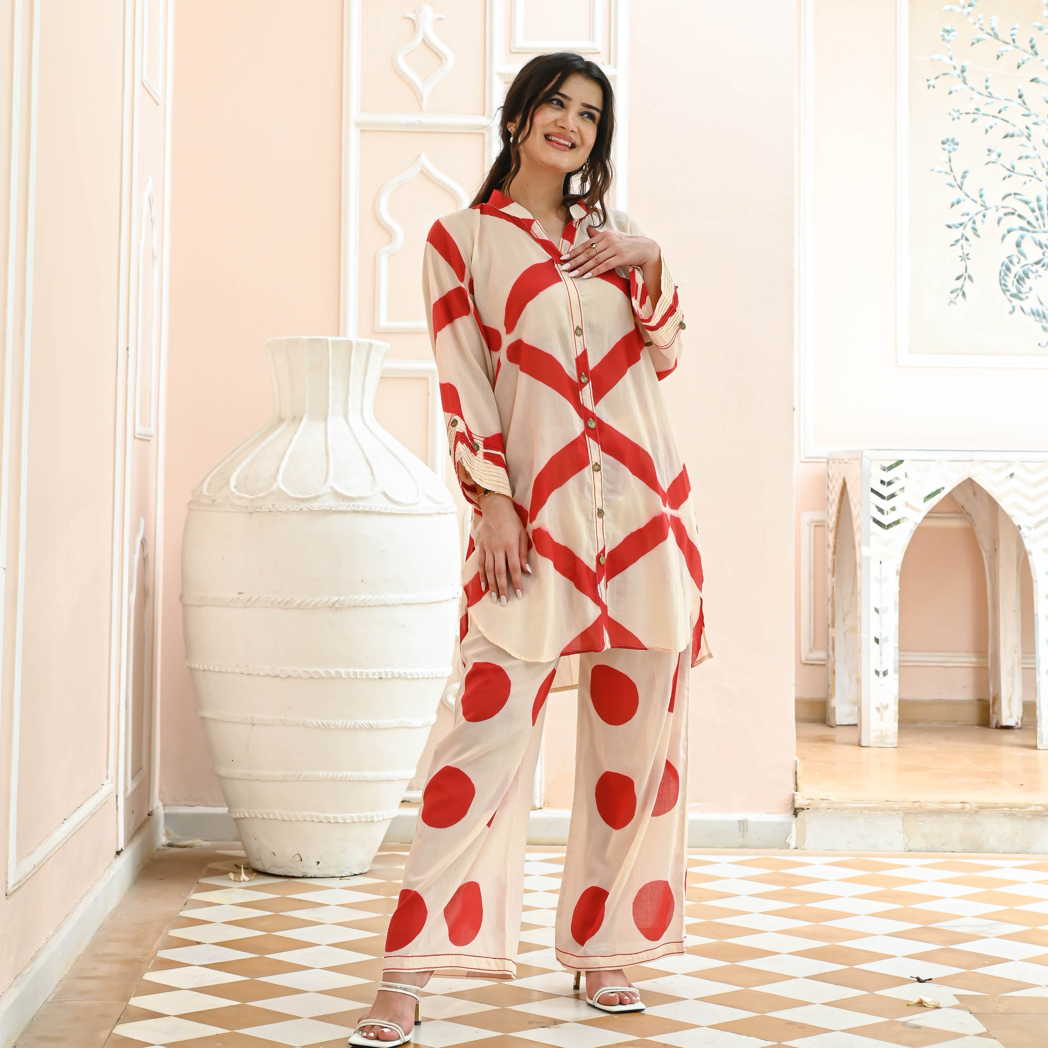 Nirupa Clamp White & Red Designer Cotton Co-ord Set For Women Online