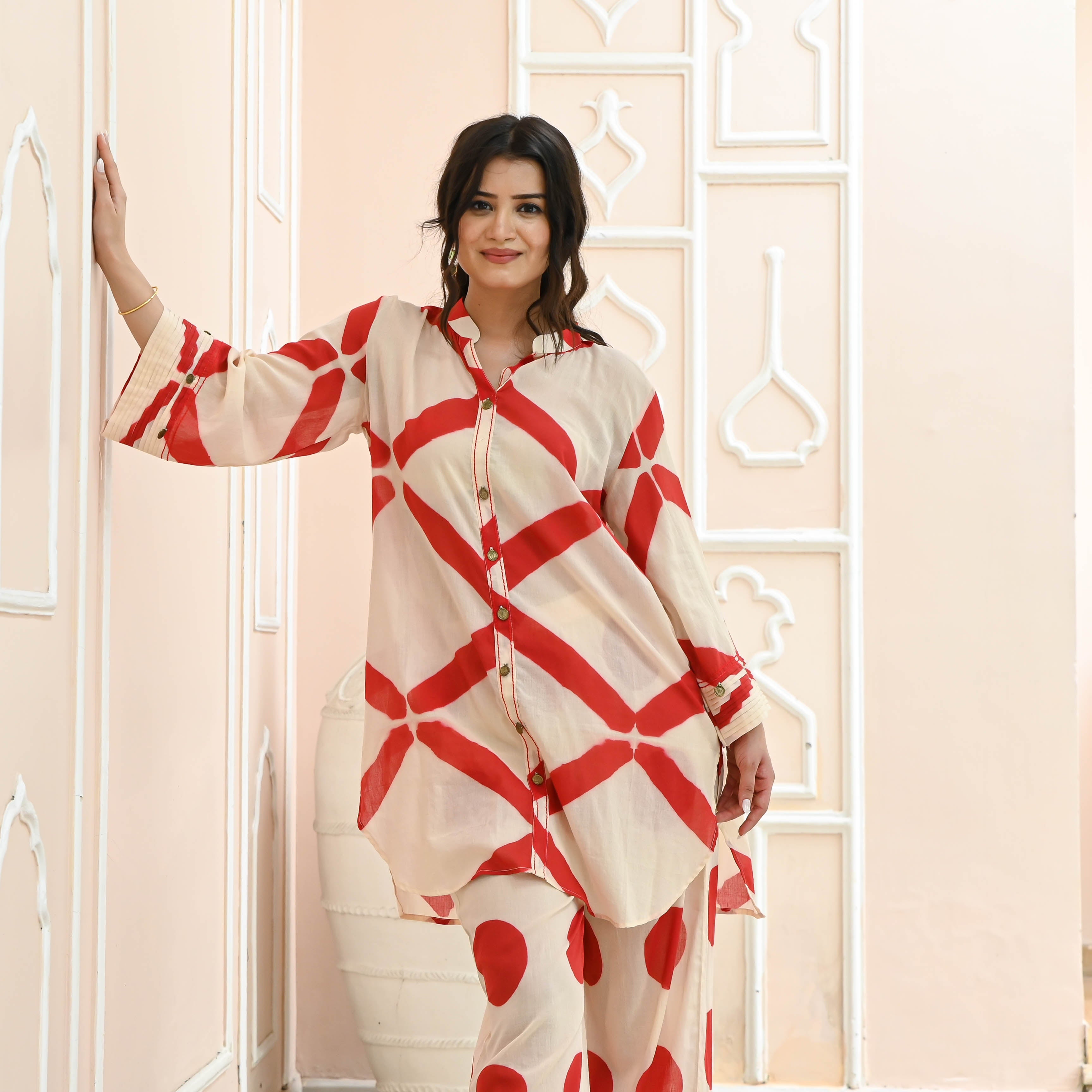 Nirupa Clamp White & Red Designer Cotton Co-ord Set For Women Online