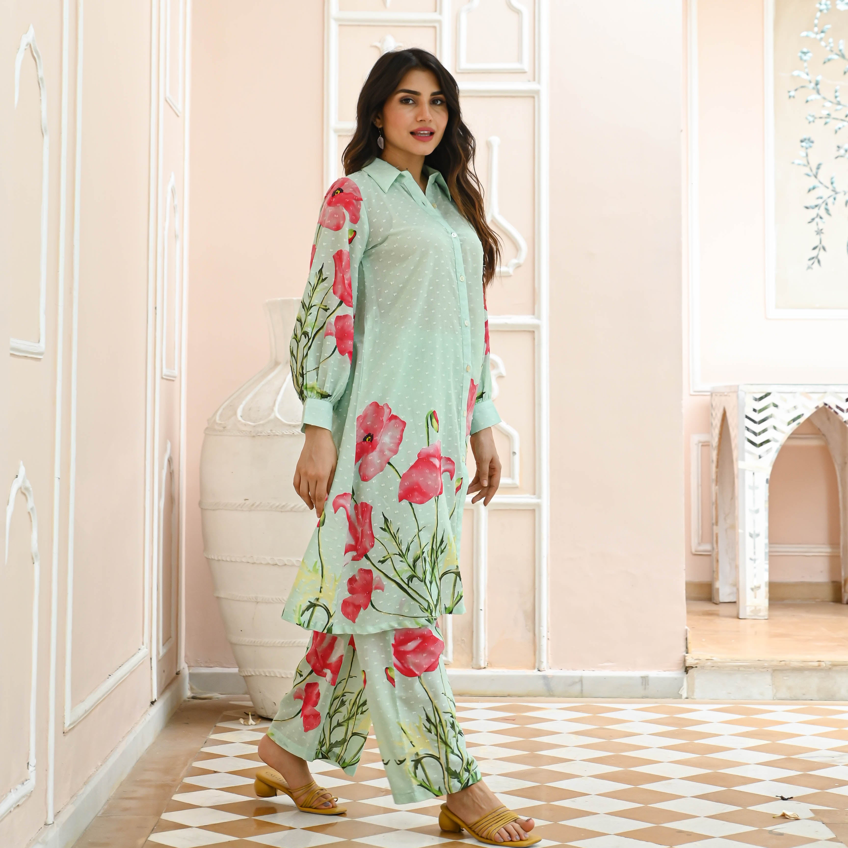 Gaurika Pista Green Floral Designer Cotton Co-ord Set For Women Online