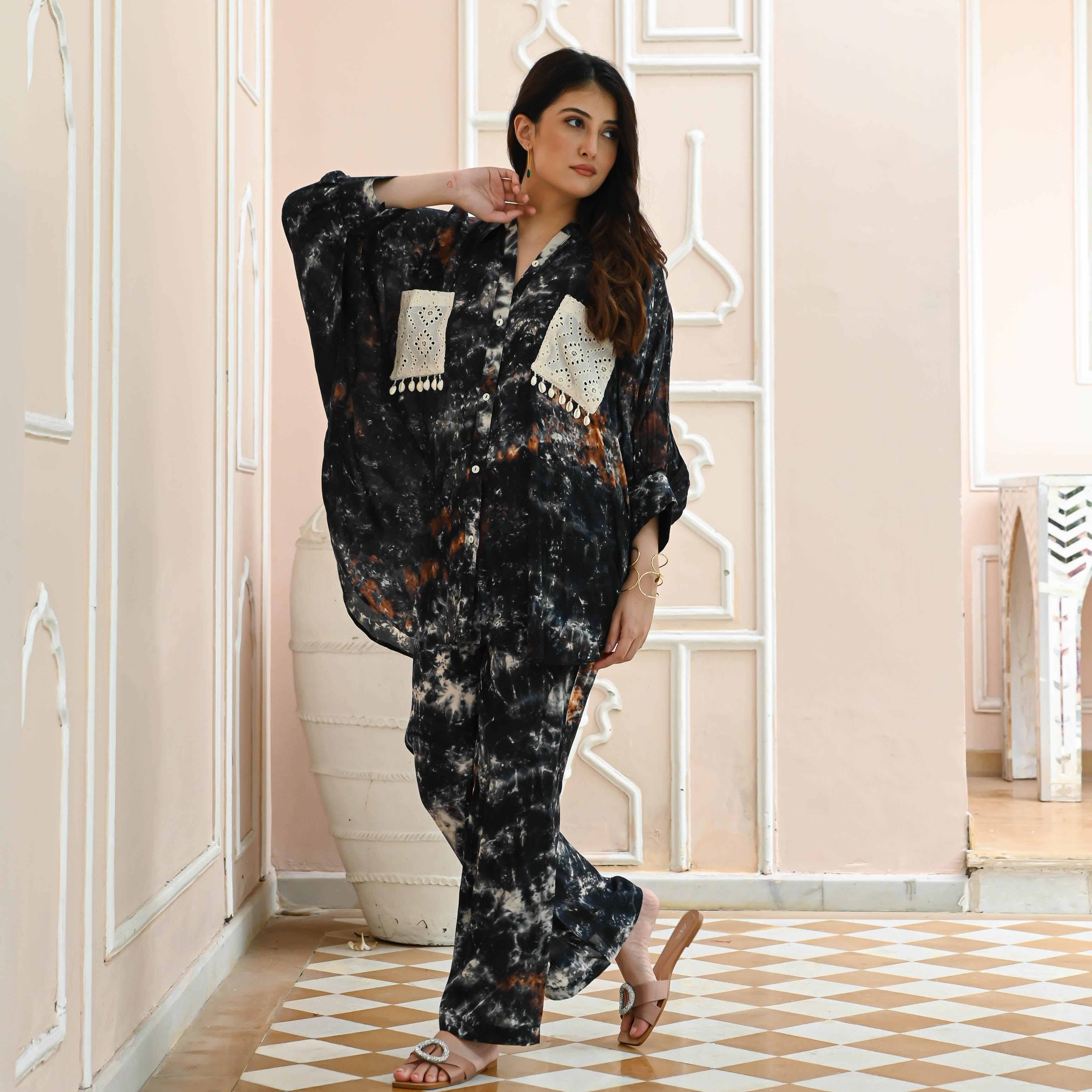 Blue Co-ord Set with White Schiffli pockets