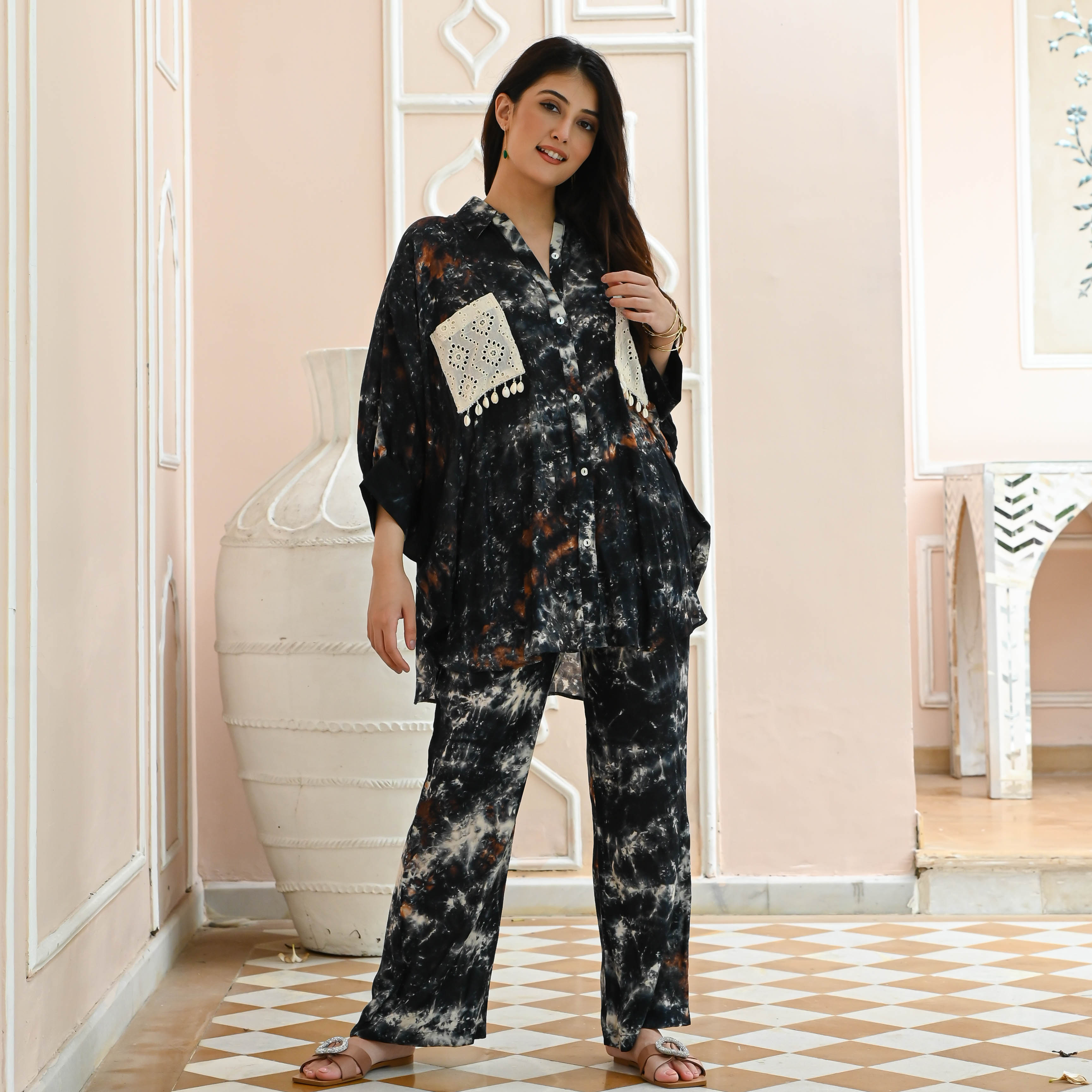 Blue Co-ord Set with White Schiffli pockets