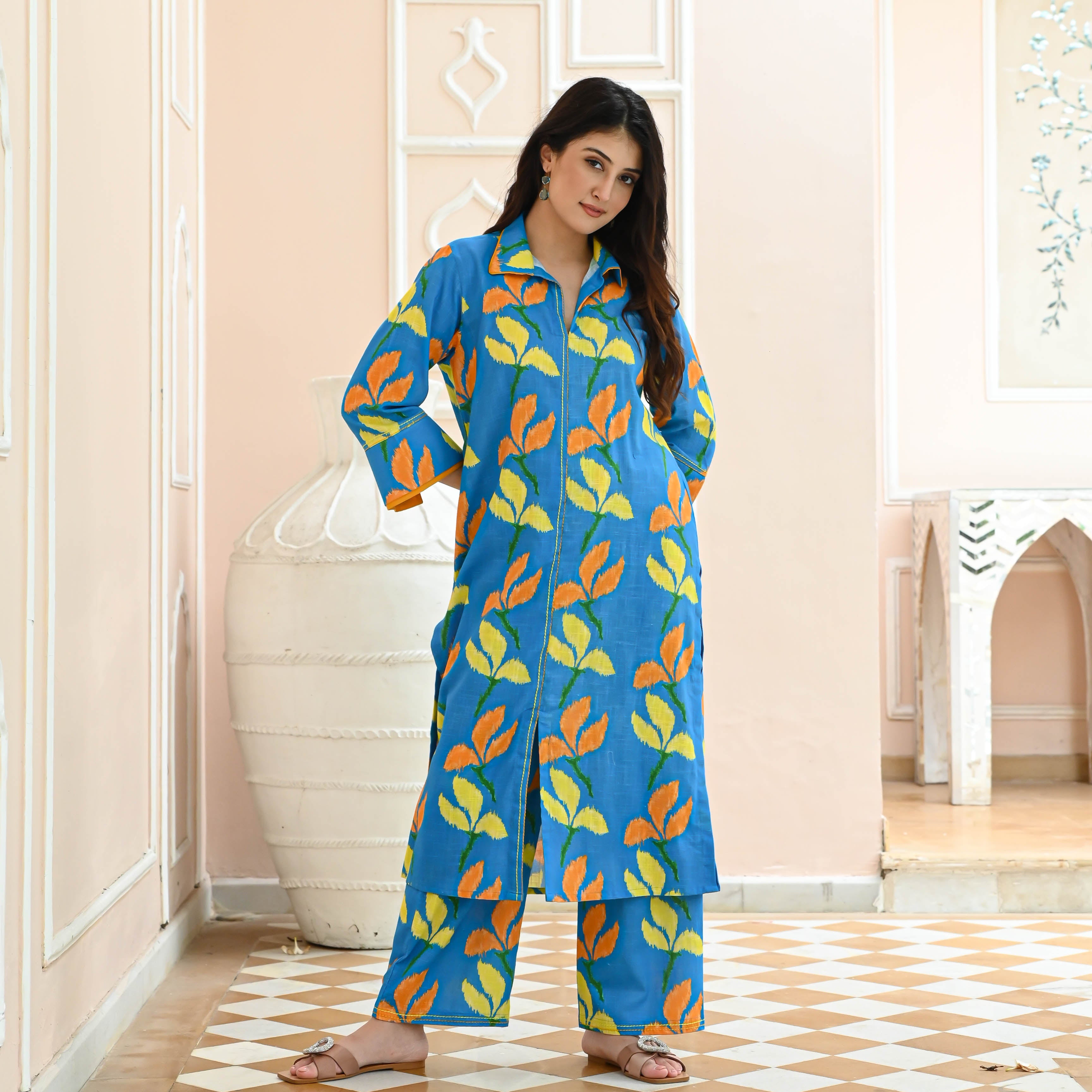 Amalika Blue Leaf Yellow Designer Cotton Co-ord Set For Women Online