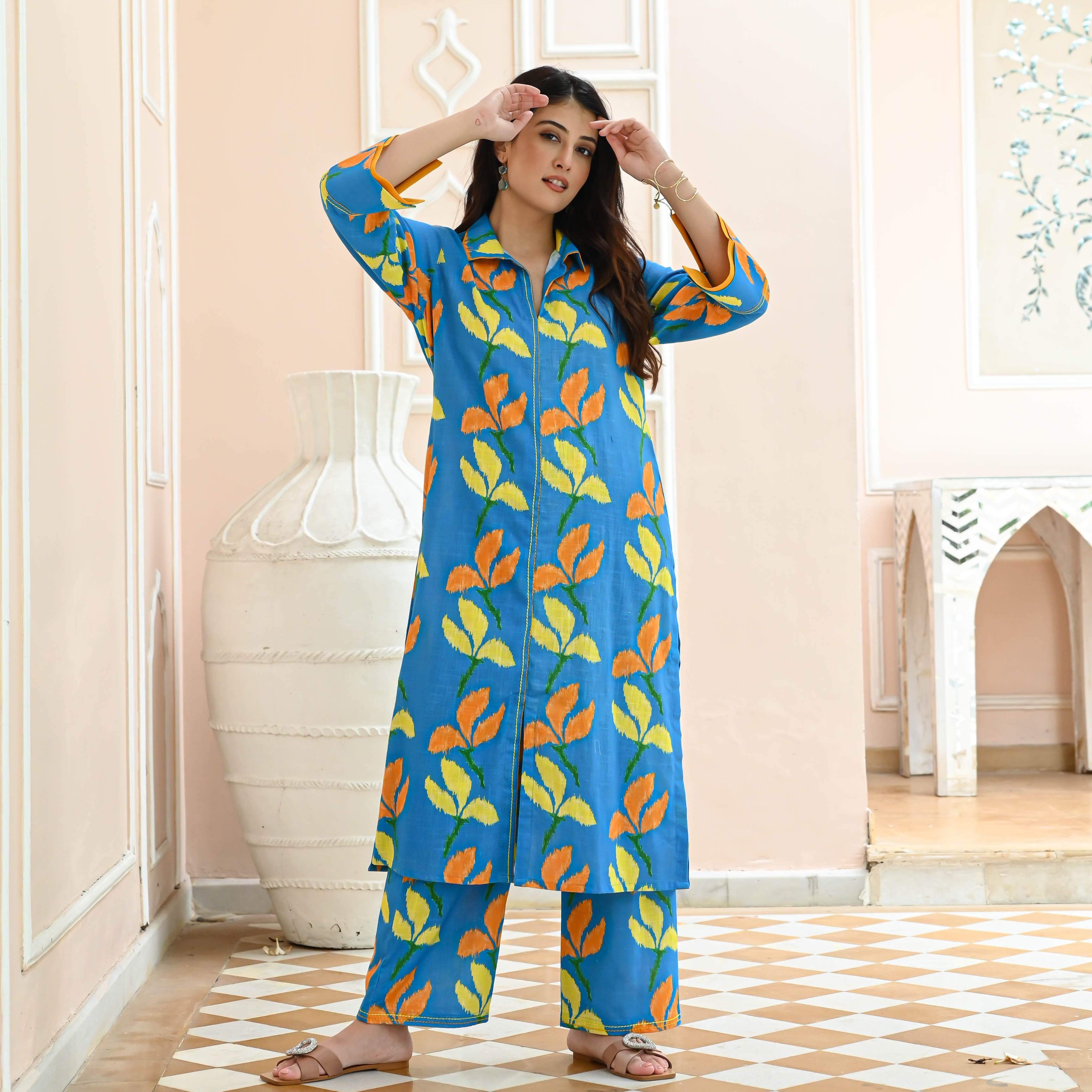 Amalika Blue Leaf Yellow Designer Cotton Co-ord Set For Women Online