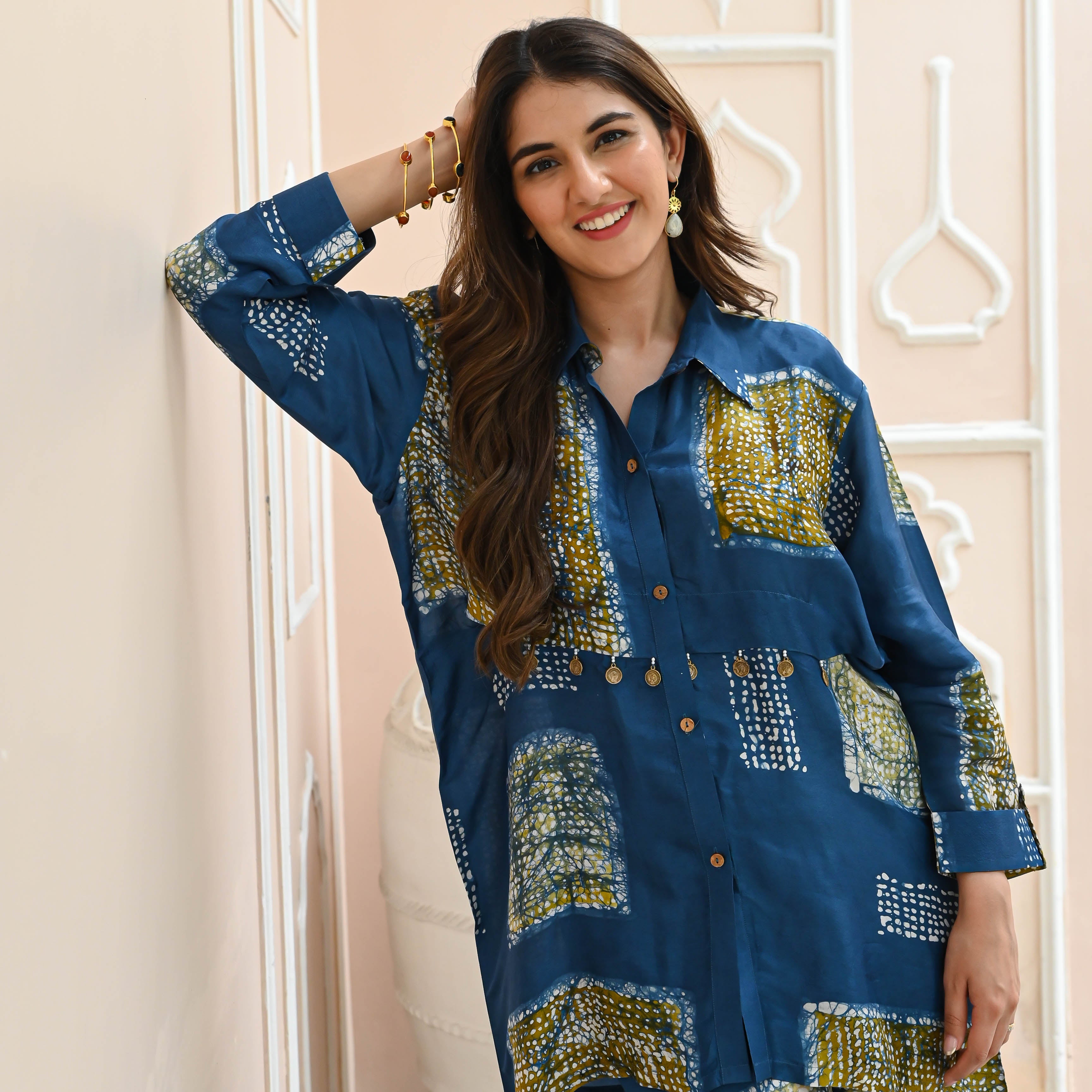 Advika Clamp Blue Designer Tusser Silk Co-ord Set For Women Online