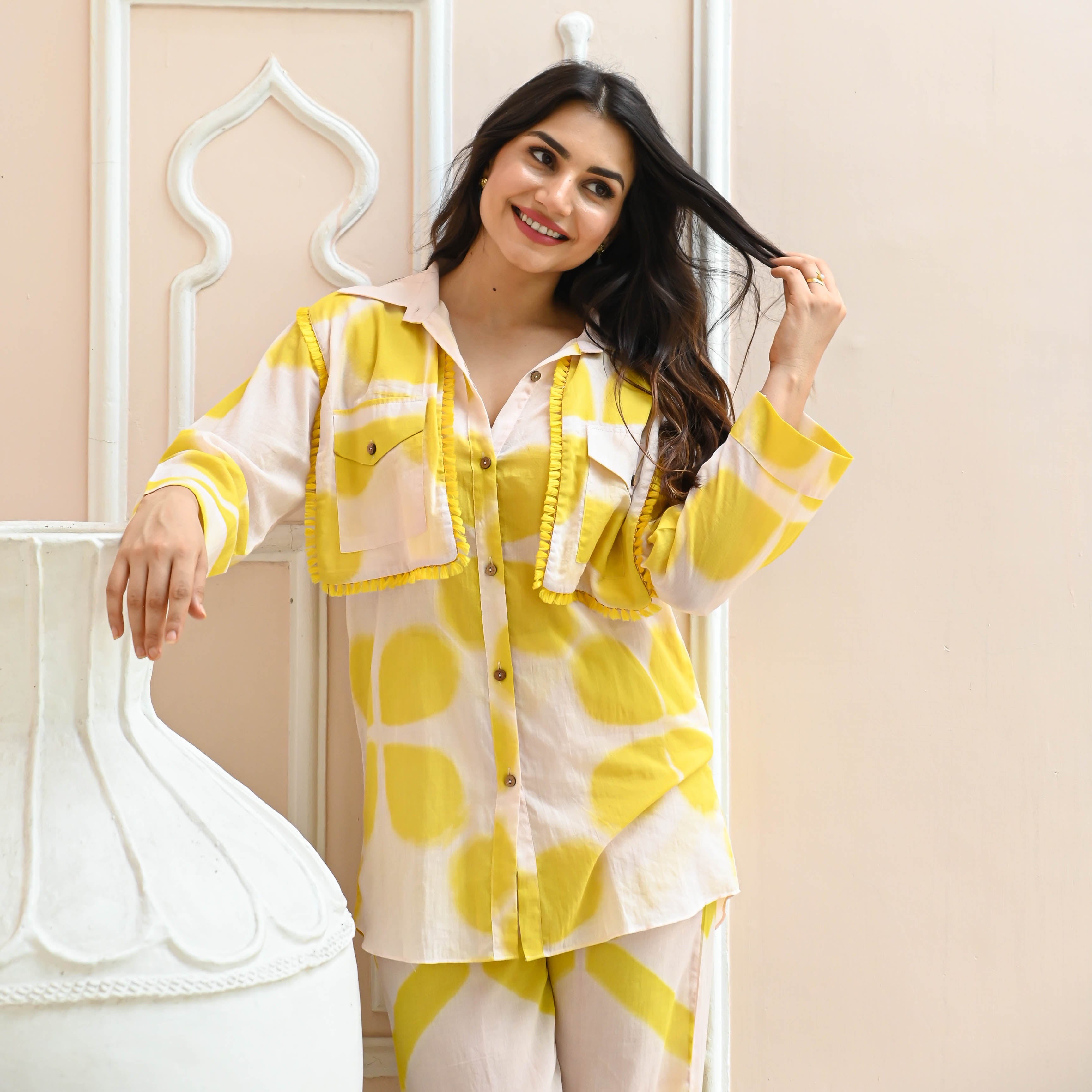 Bella Bliss White Yellow Designer Cotton Co-ord Set For Women Online