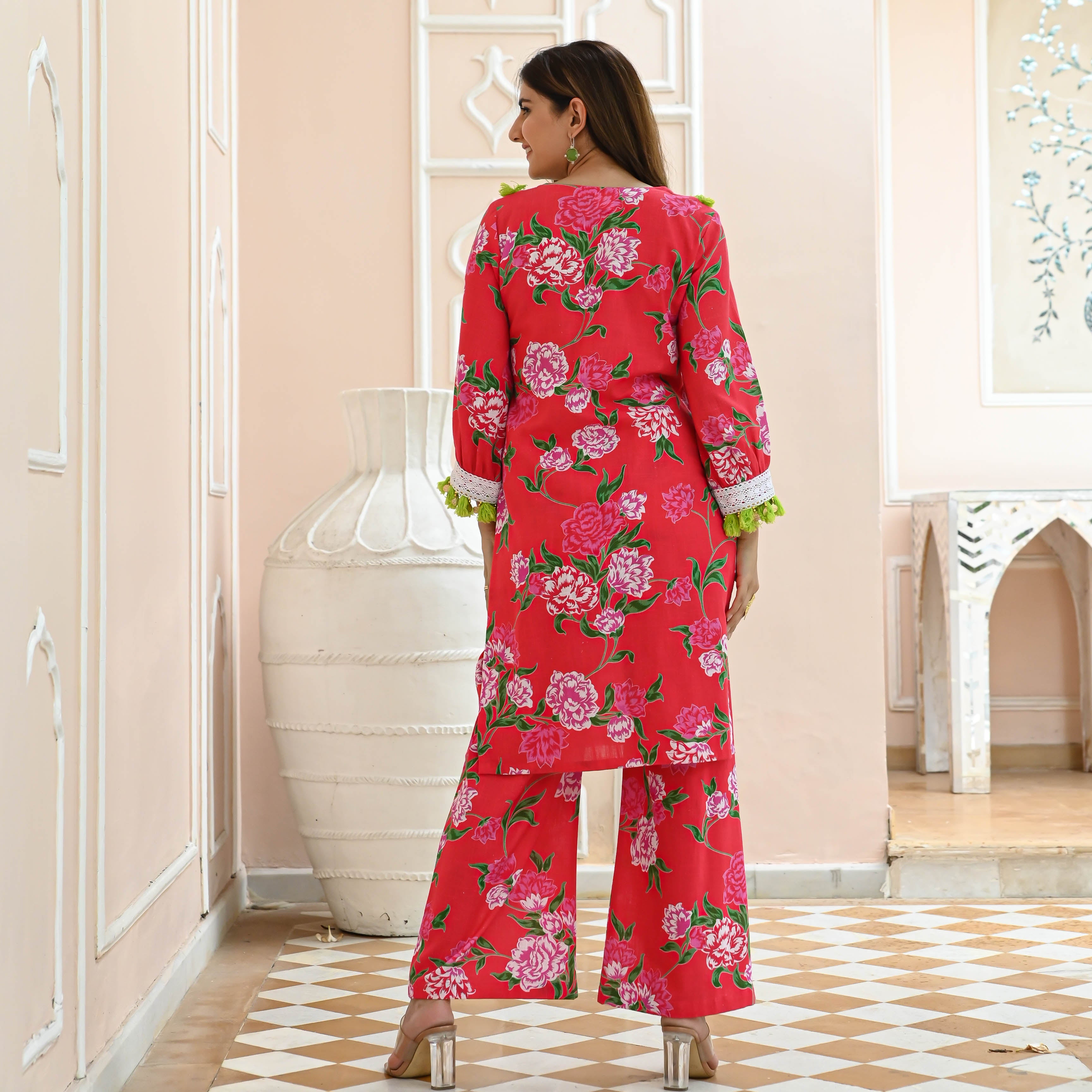 Rose Floral Pink Cotton Slub Co-ord Set for Women Online