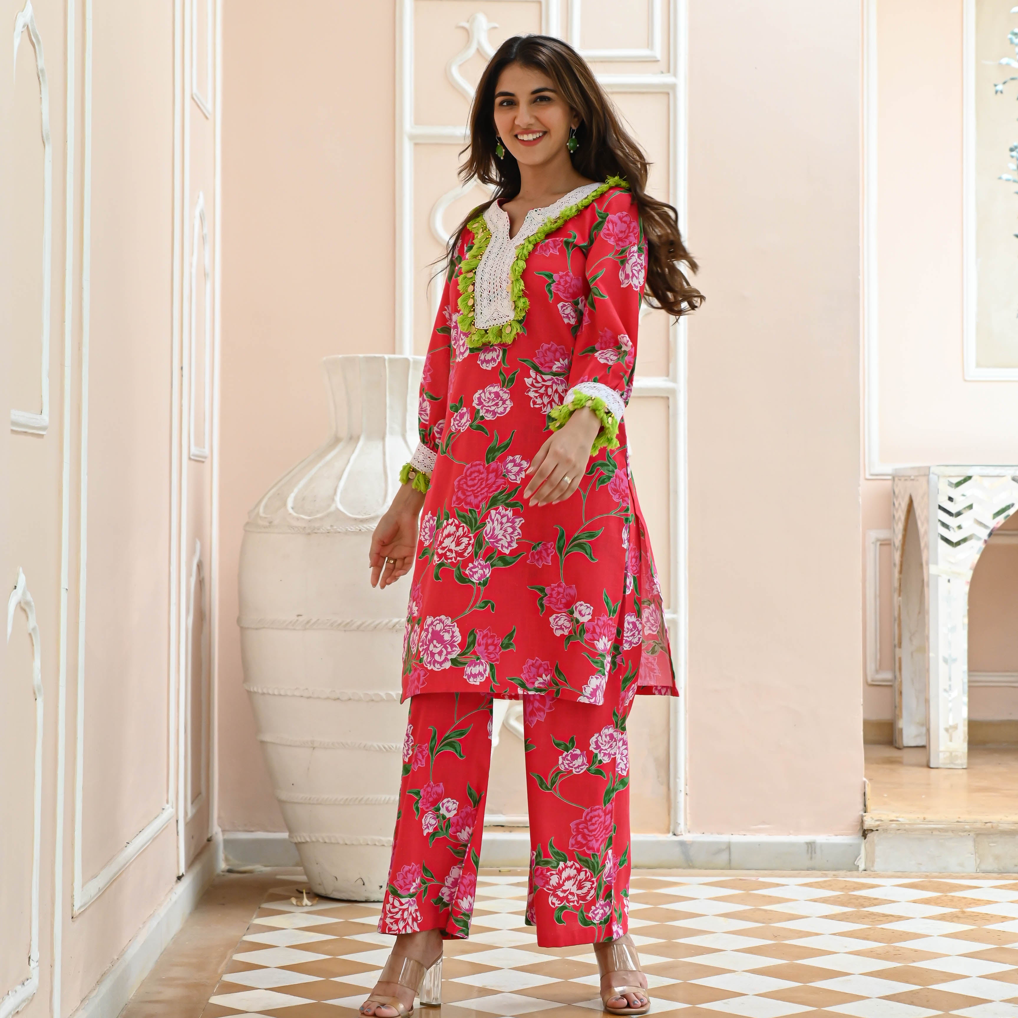 Ella Effortless Rose Floral Designer Cotton Co-ord Set For Women Online