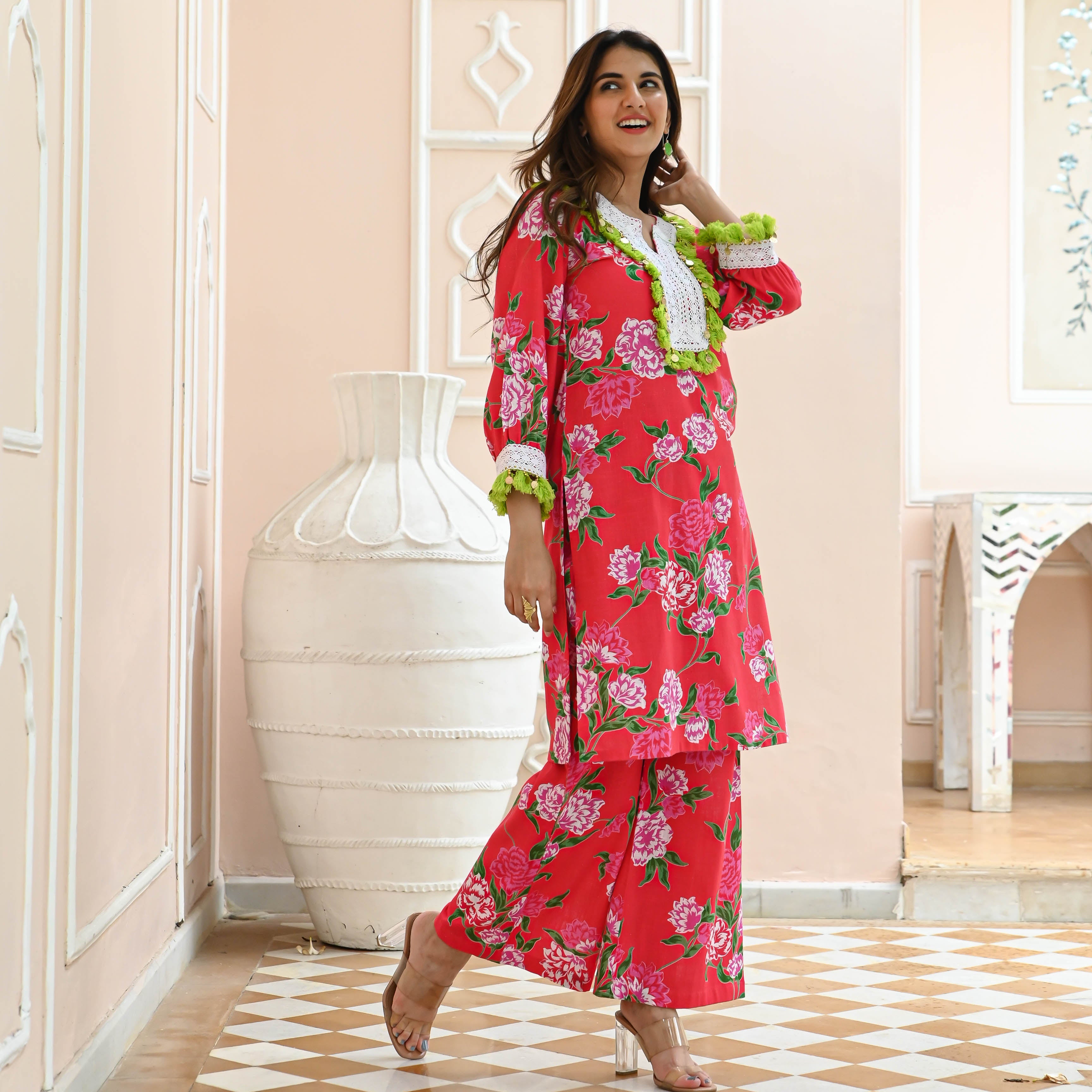 Rose Floral Pink Cotton Slub Co-ord Set for Women Online