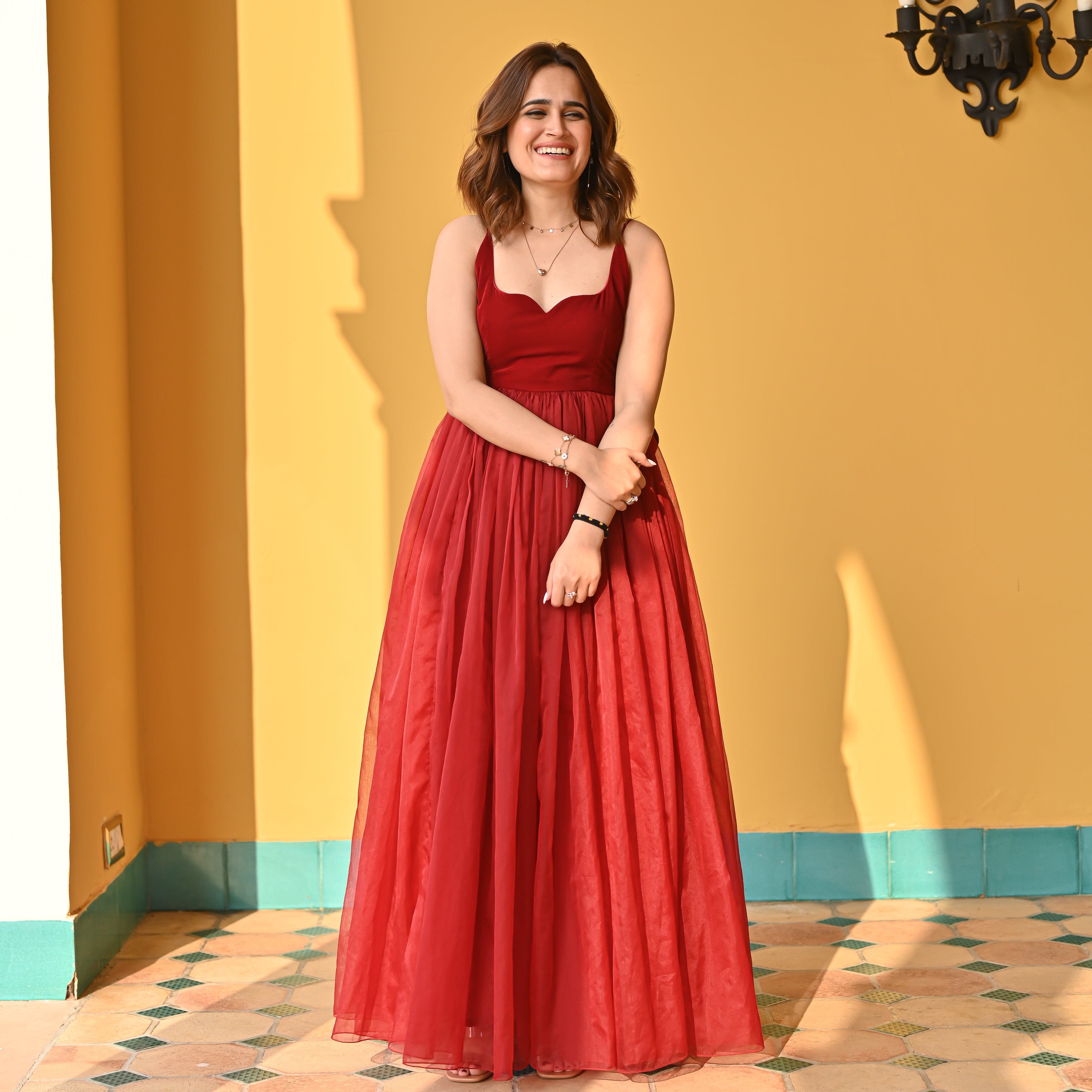 Scarlet Red Designer Velvet Long Dress For Women Online
