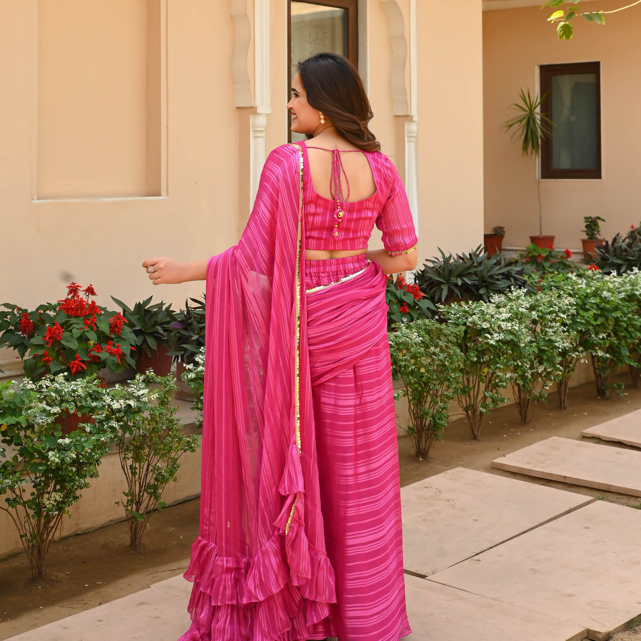 Pink Satin Strips Draped Saree