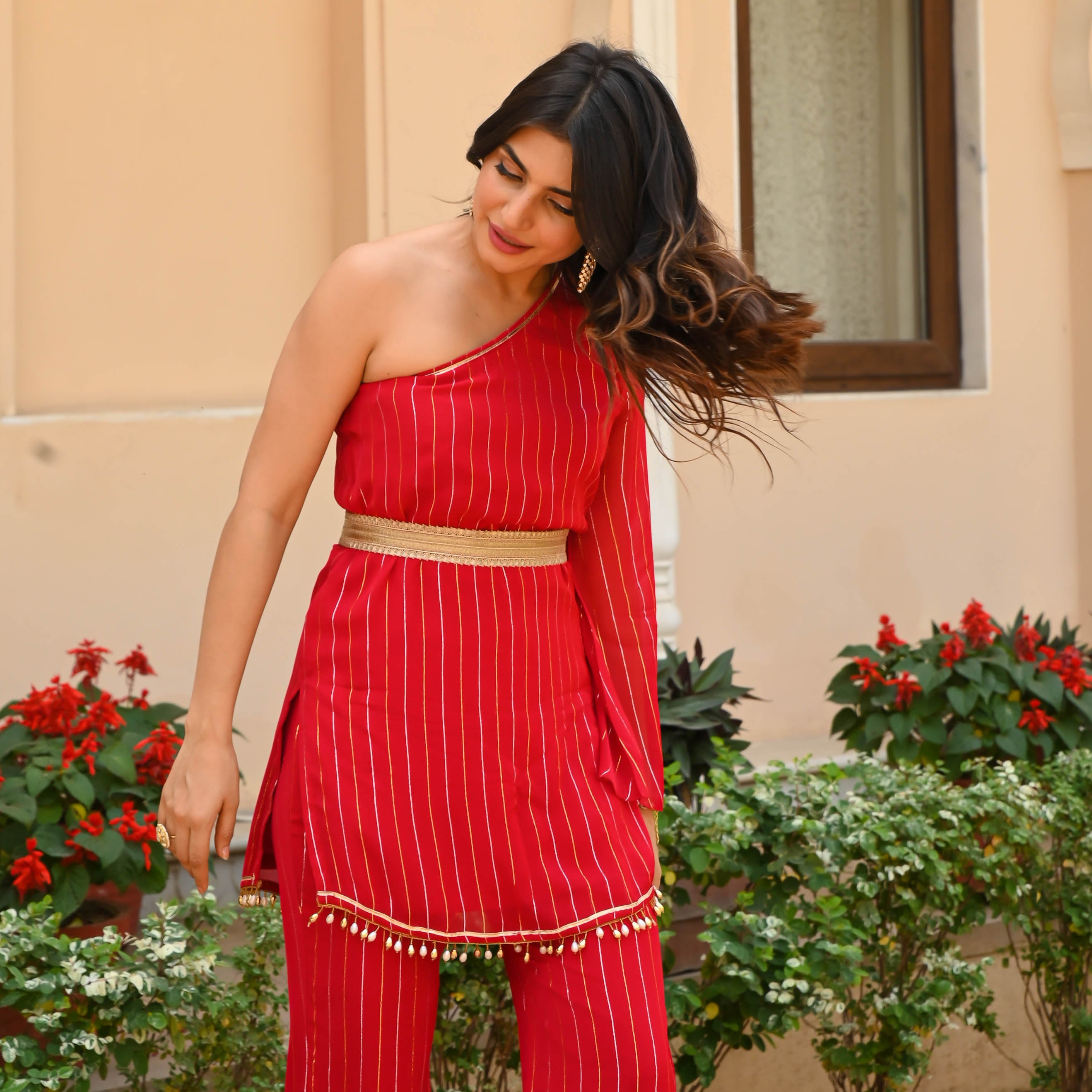 Apple Red Chiffon Lurex Designer Kurta Pant Set For Women Online