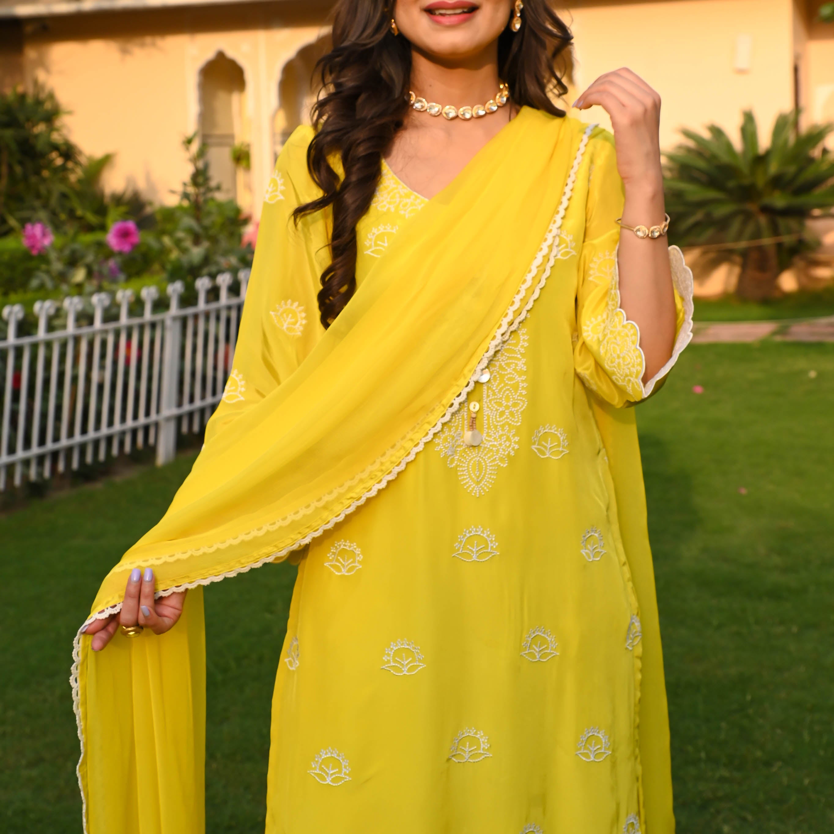 Glamour Embroidered Yellow Designer Suit Set For Women Online
