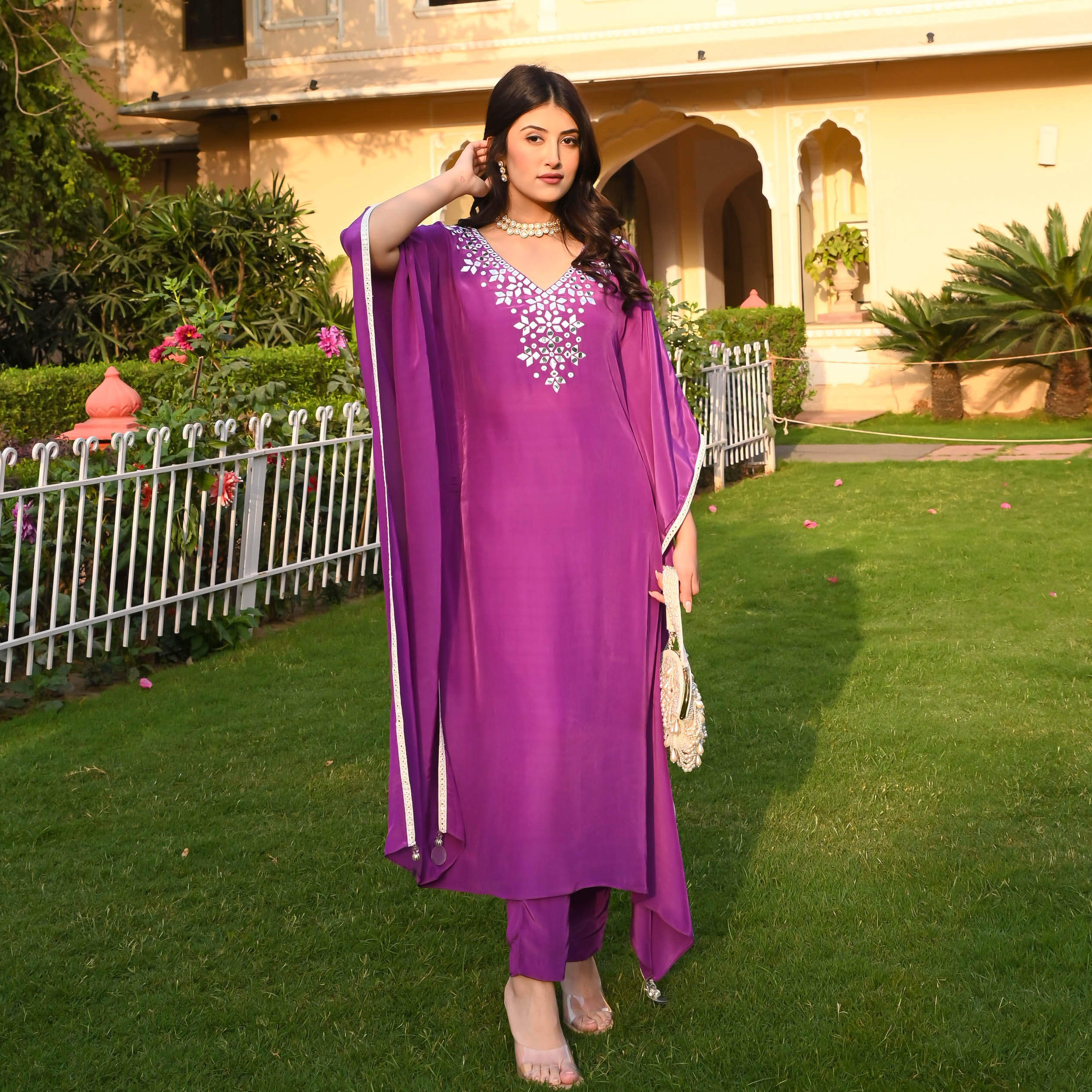 Purple Embroidered Silk Kaftan Set For Women Online