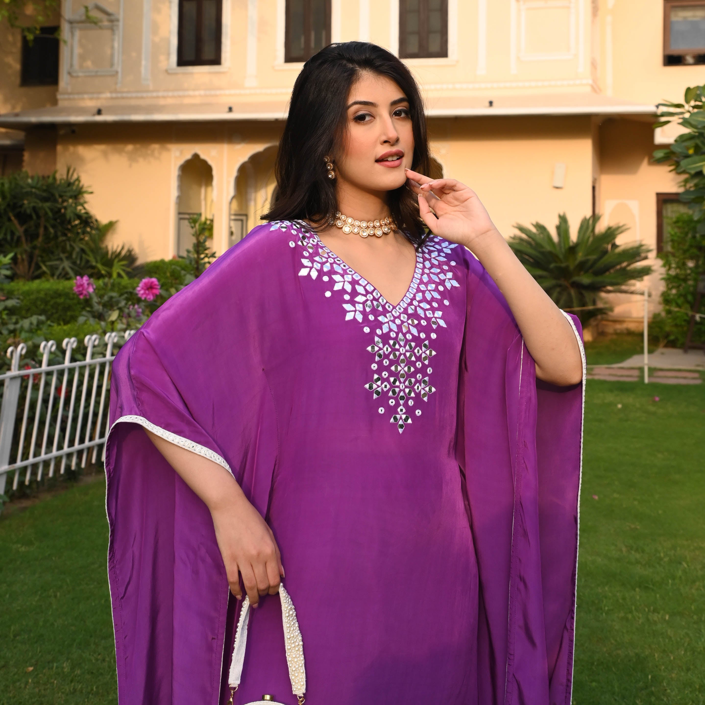 Purple Embroidered Kaftaan Kurta Set for Women Online