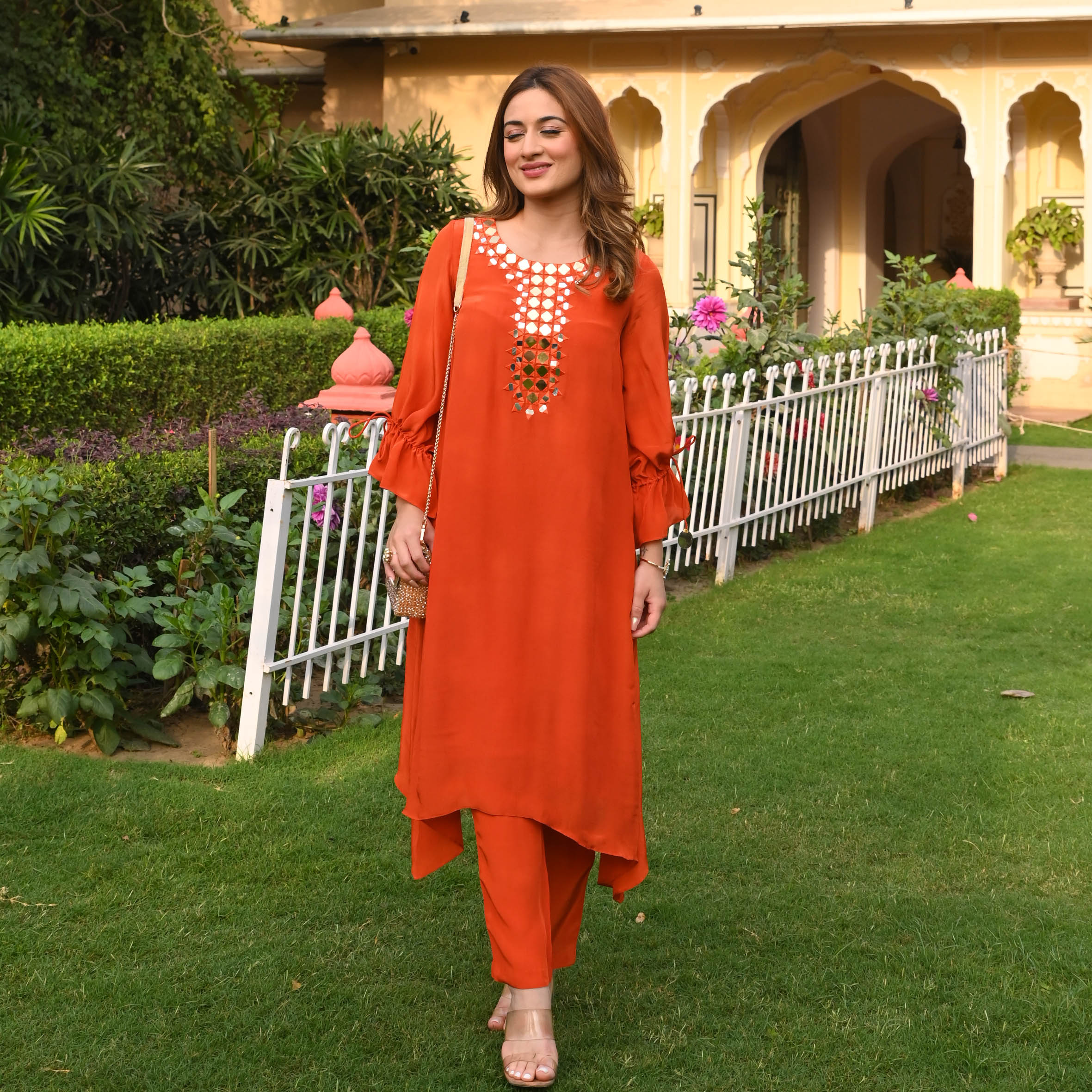 Orange Mirror Work Silk Kaftan Set For Women Online