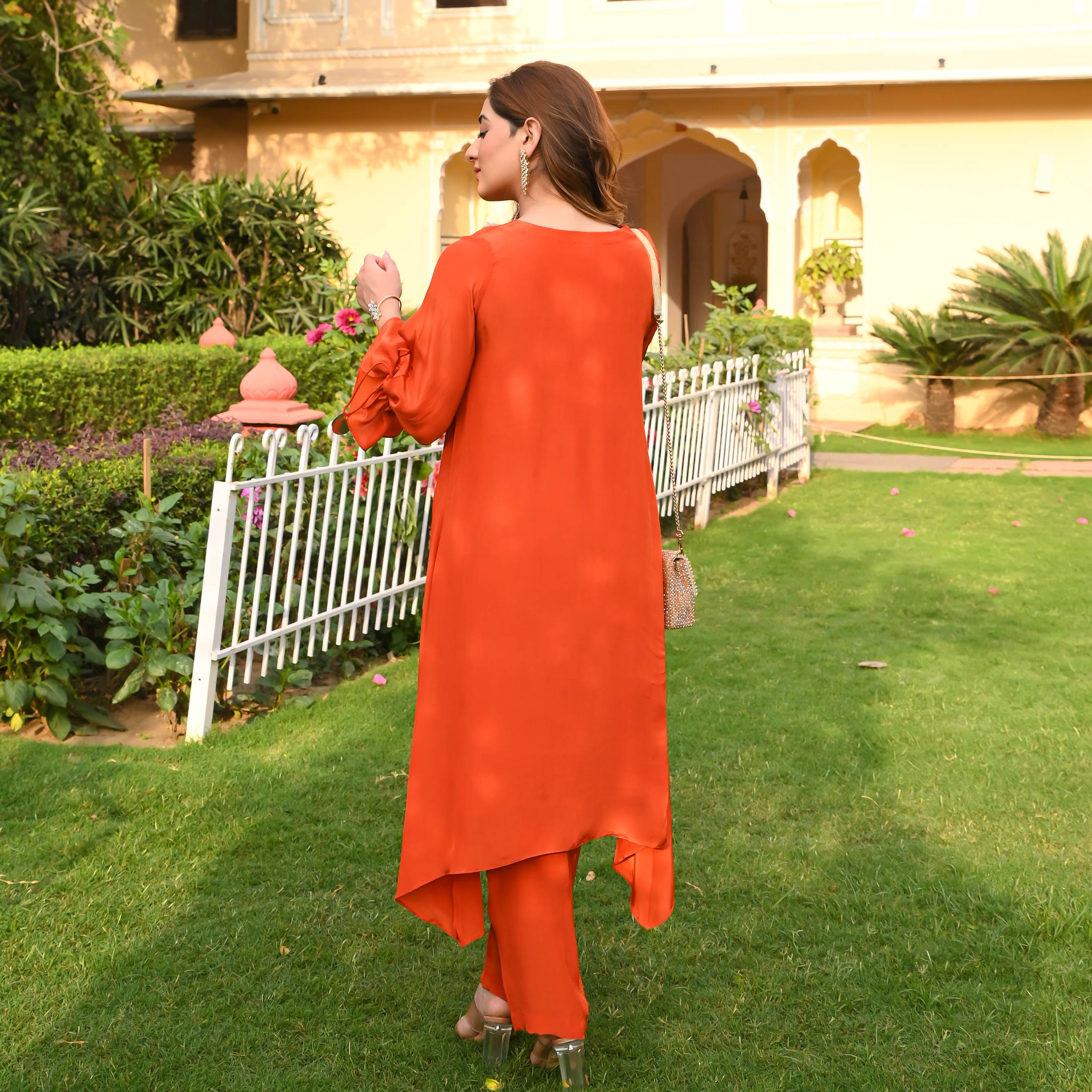 Orange Mirror Work Kaftaan Kurta Set for Women Online