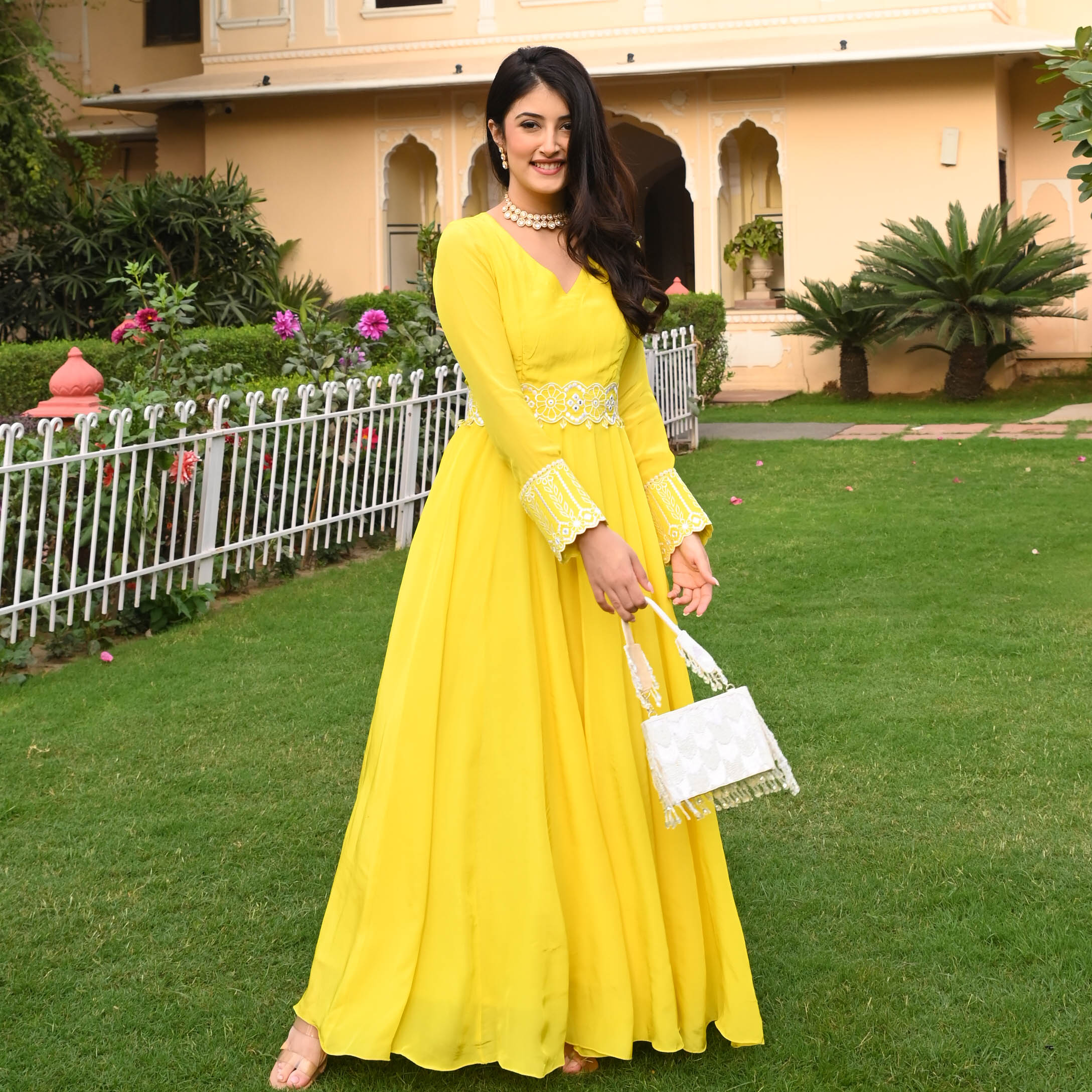 Buy Gorgeous Yellow Fit and Flare Mirror Work Gown Online in USA – Pure  Elegance