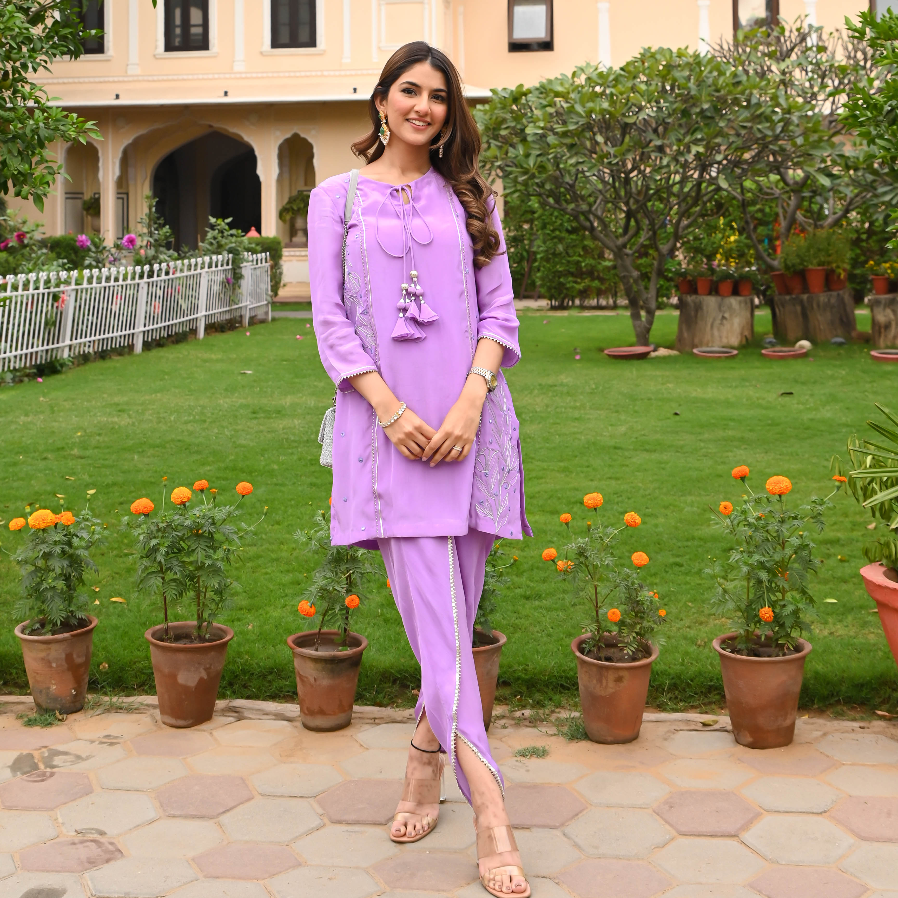 Lilac Embroidered Tulip Kurta Pant Set For Women Online 