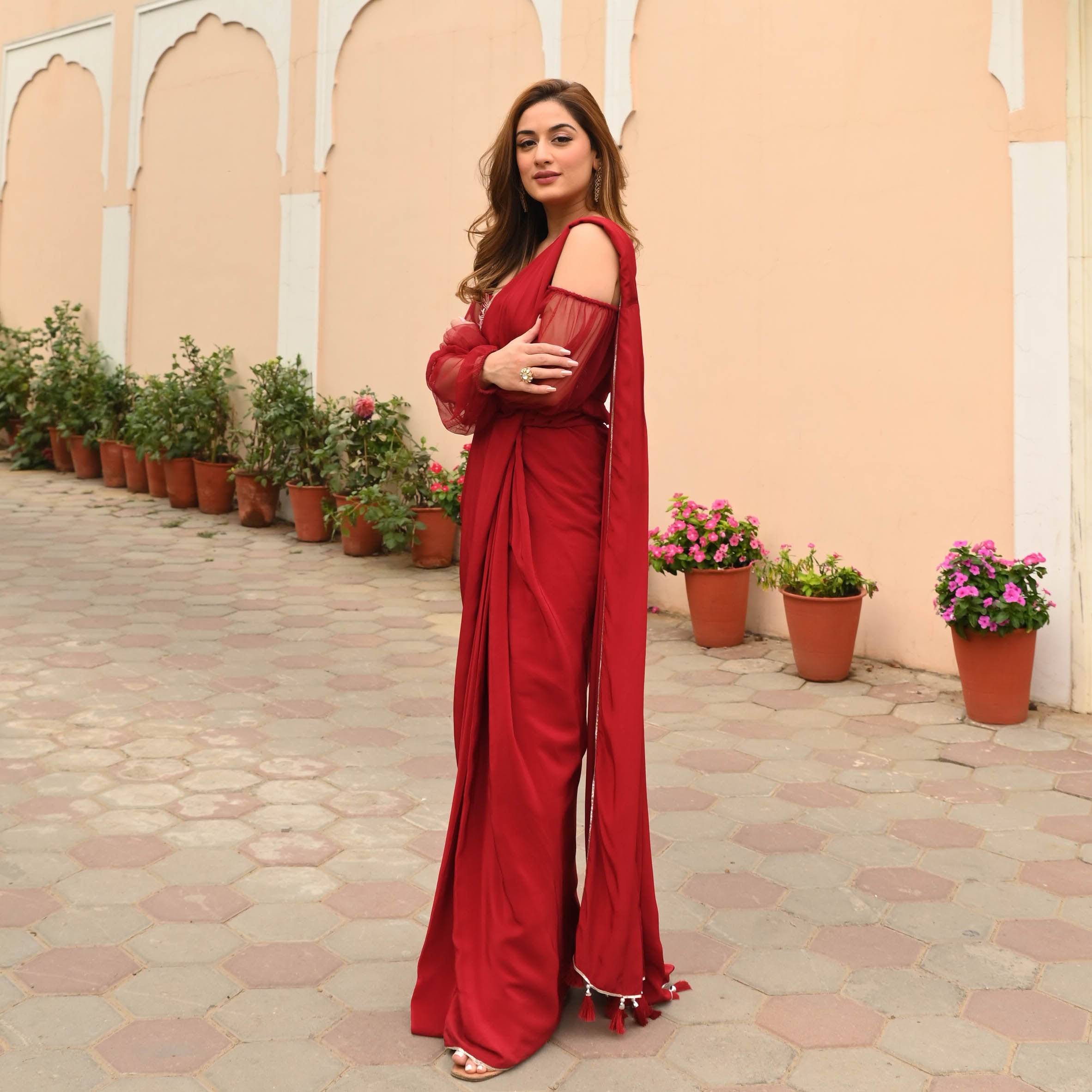 Red Silk Crepe Draped Saree for Women Online