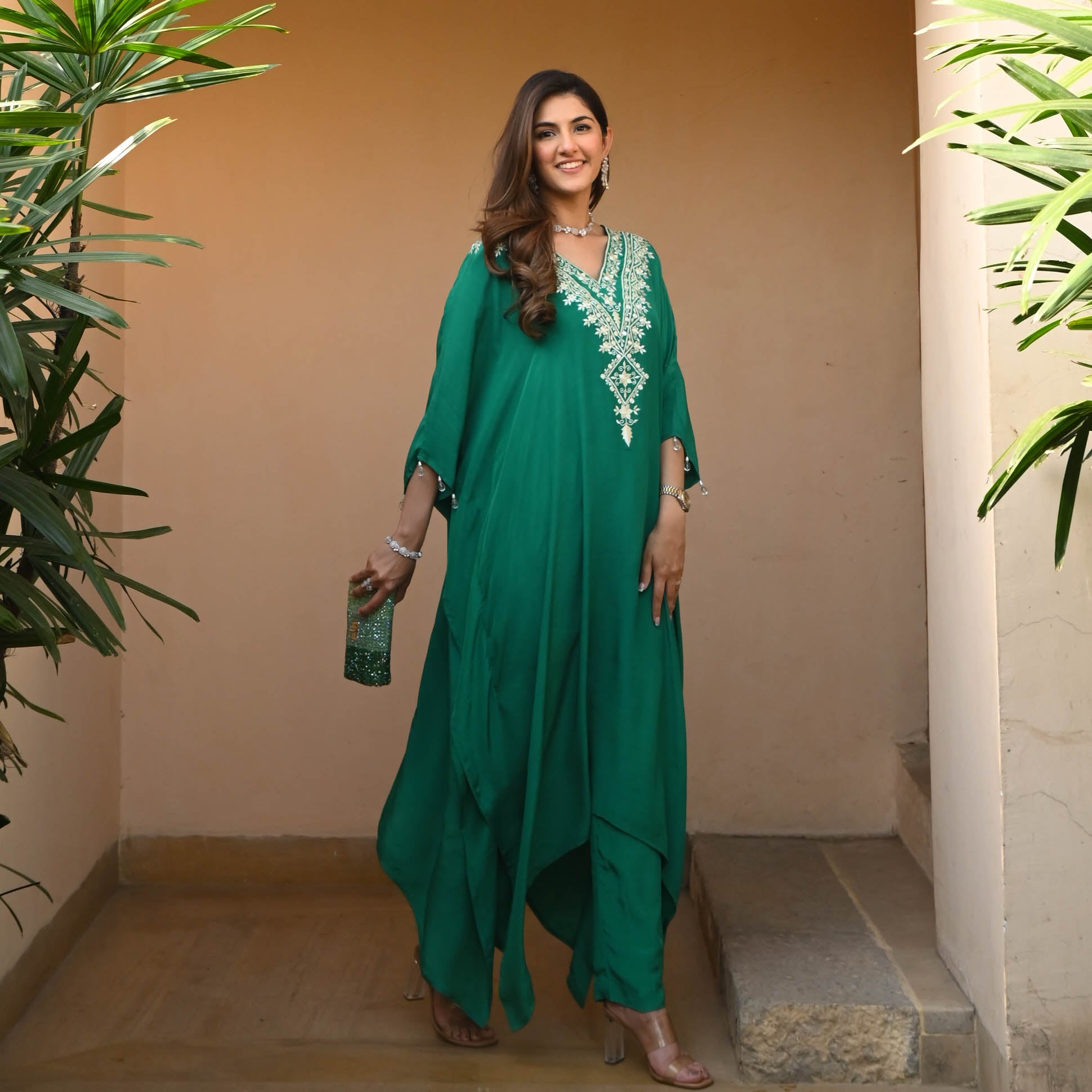 Green Fantasy Silk Kaftan Set For Women Online