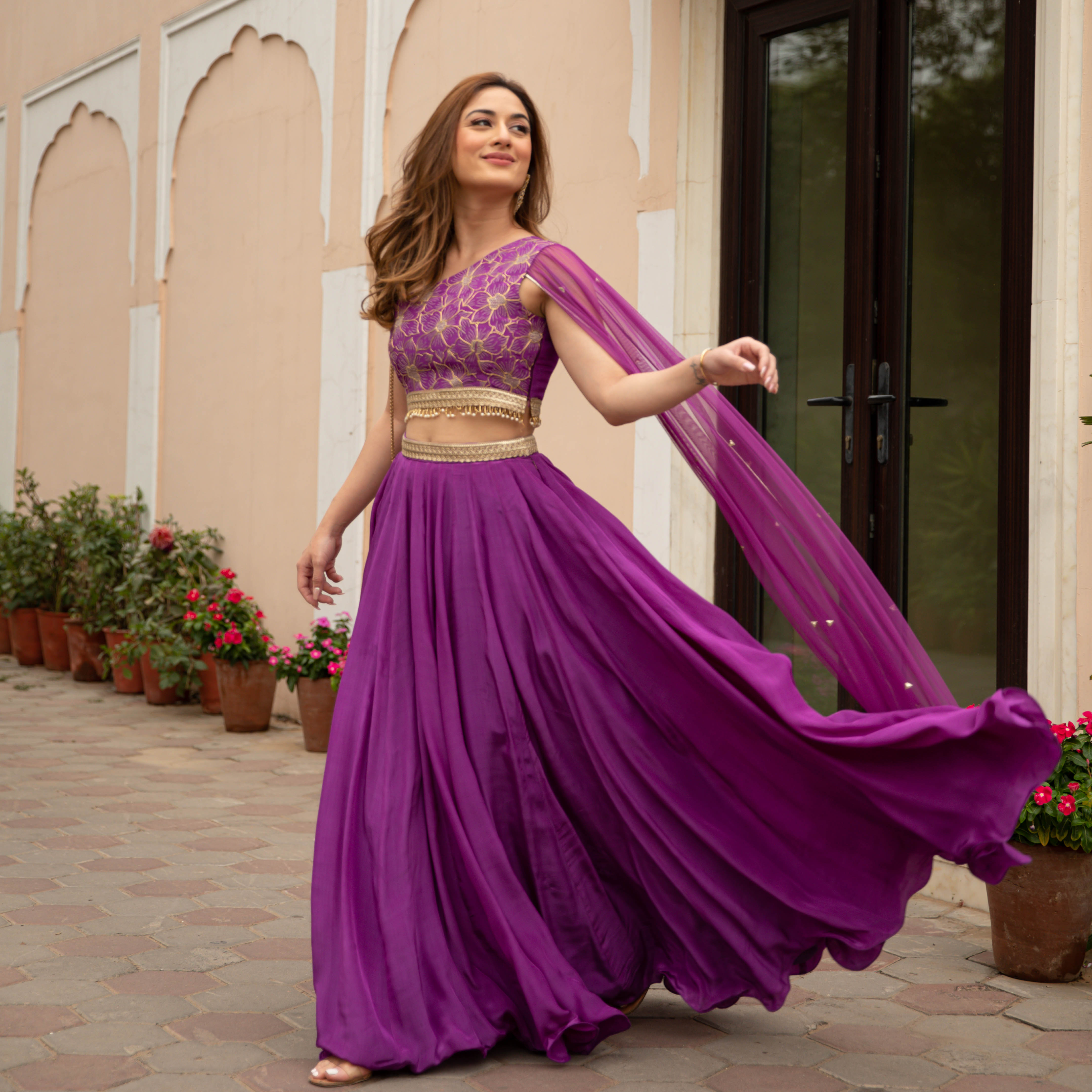 Purple Silk Embroidered Sleeveless Lehenga Set For Women Online