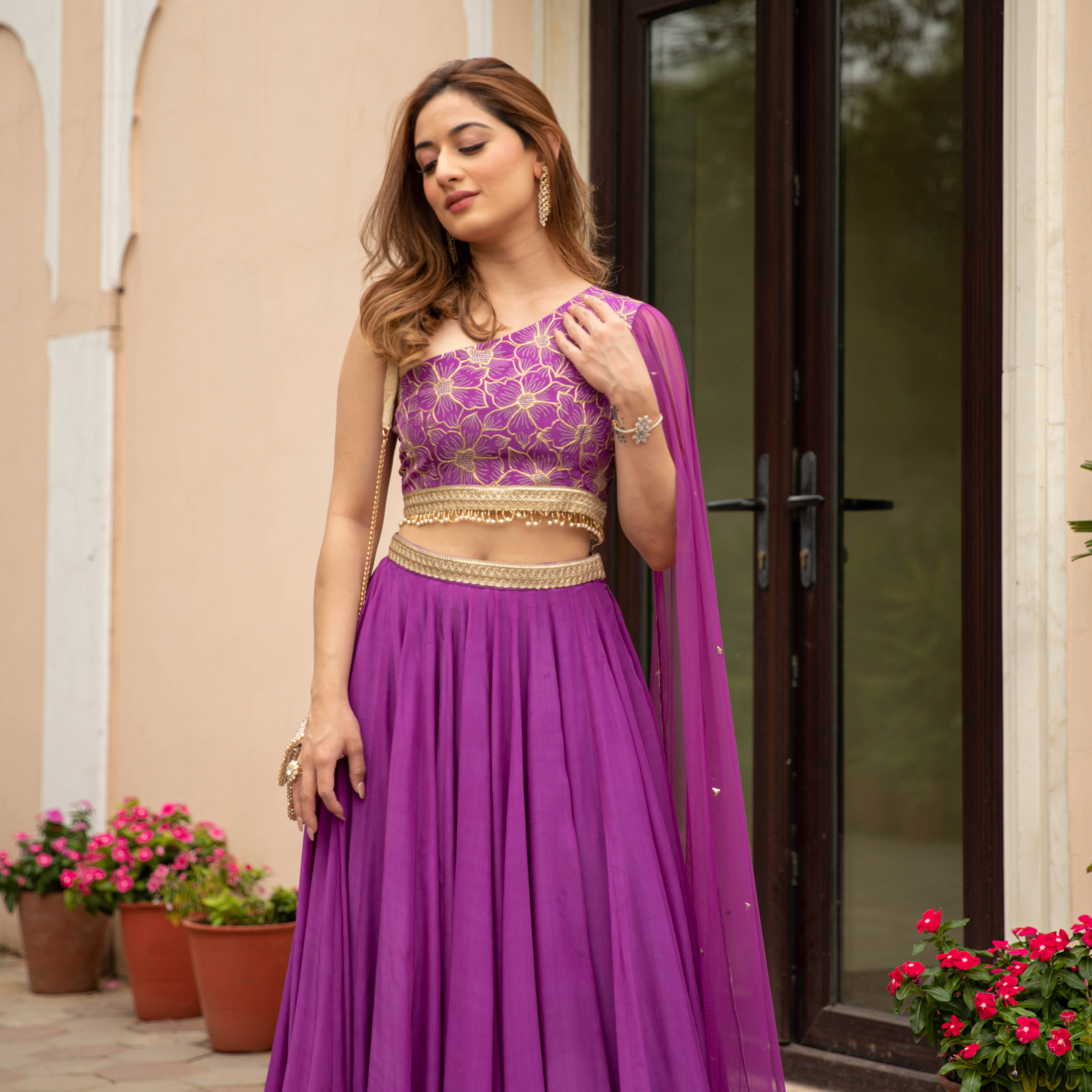 Purple Silk Embroidered Sleeveless Lehenga Set For Women Online