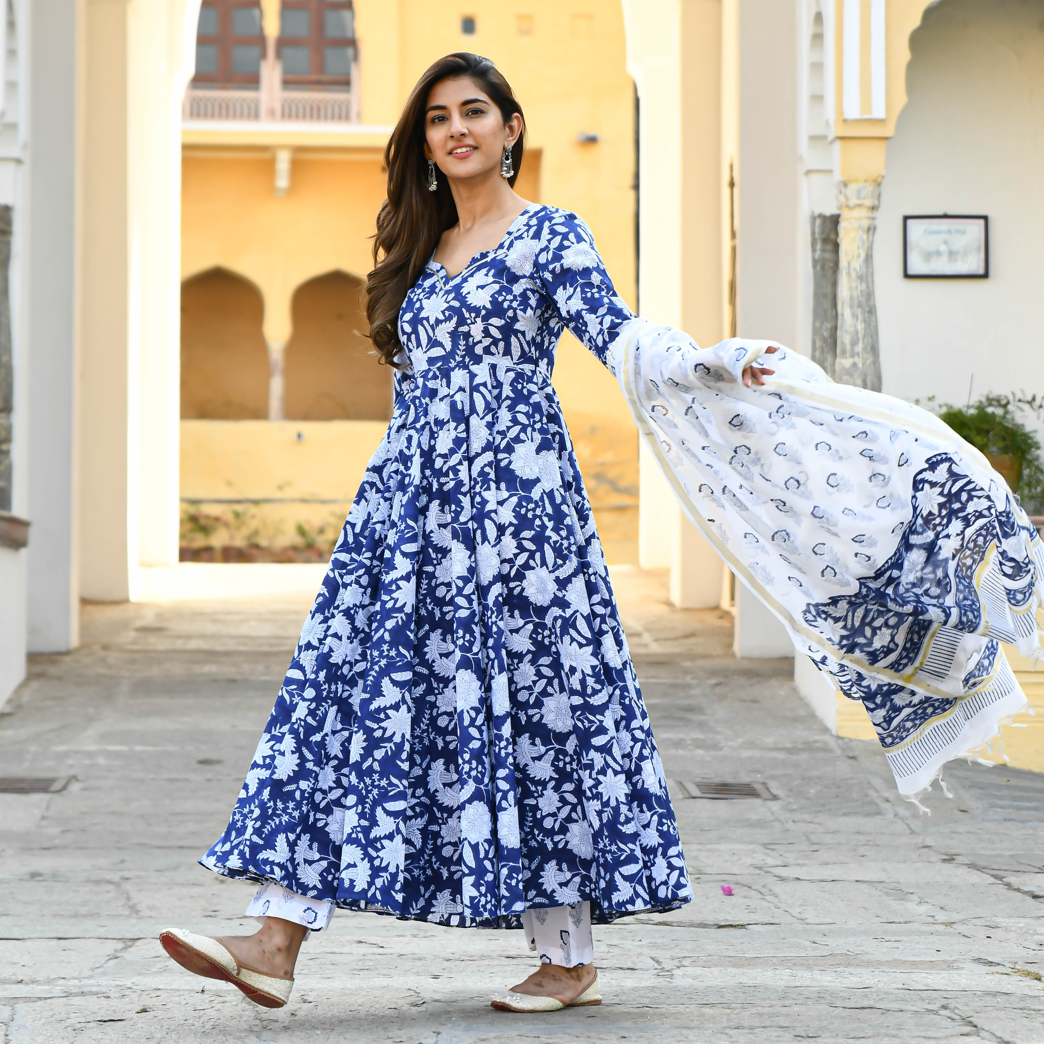 indigo dabu print cotton dress set Kurta Dabu Print Gown kurta Dupatta with  pent Cotton umbrella style kurtie with pant and duppta