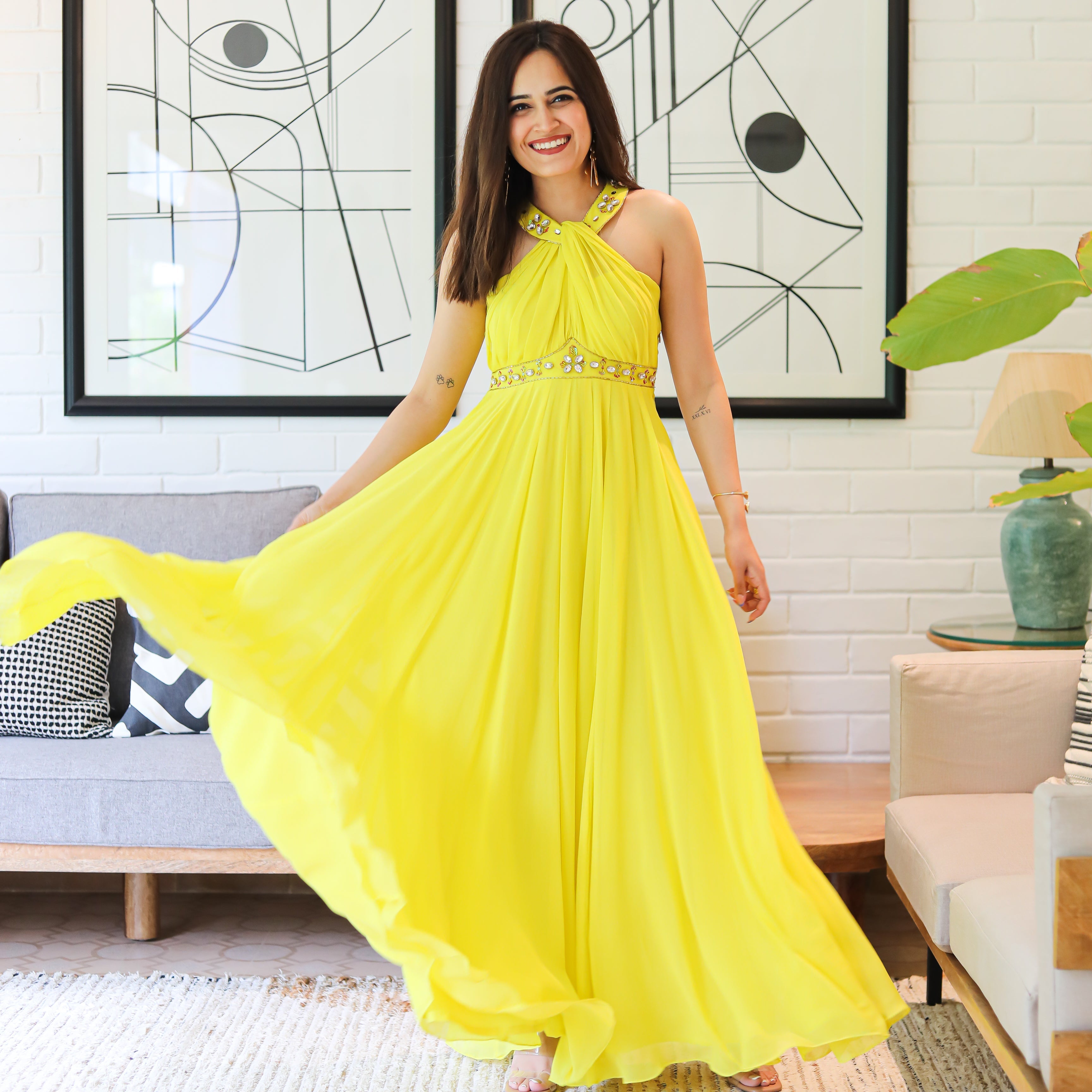  Limelight Yellow Designer Georgette Dress For Women Online