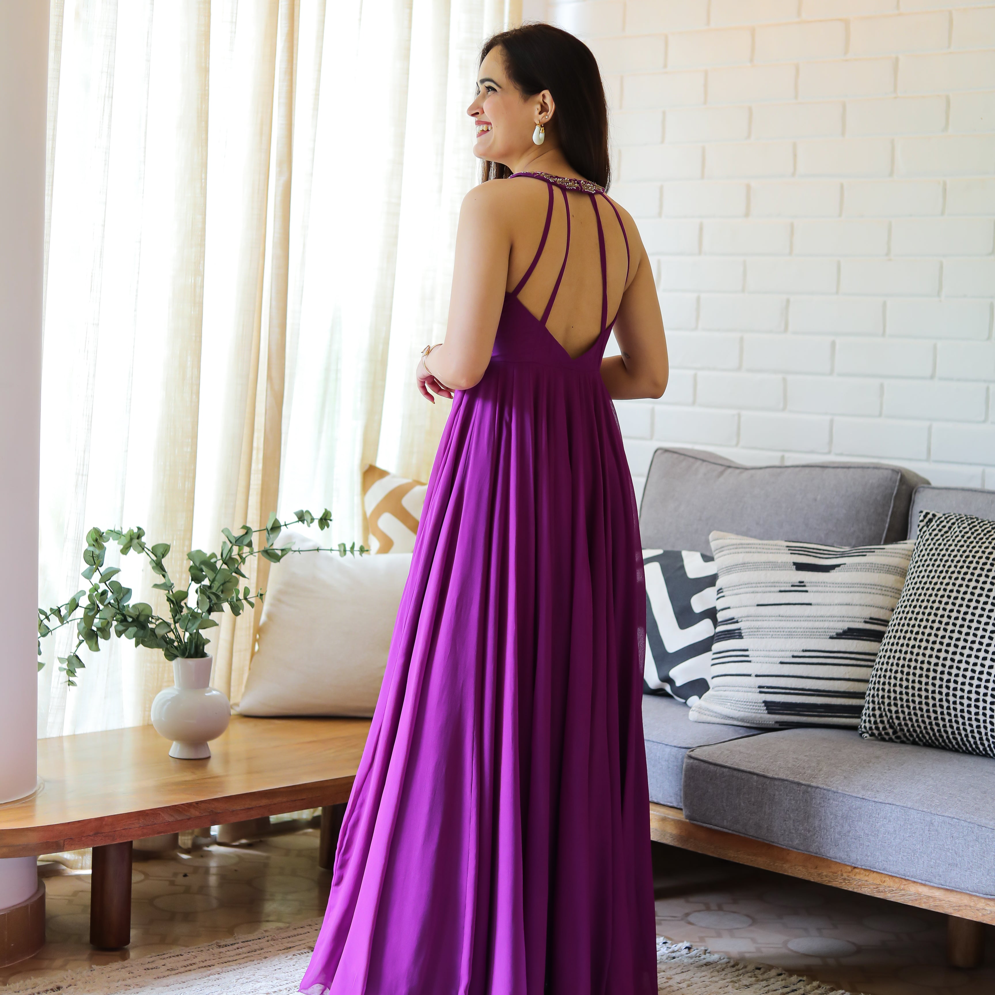 Purple Neck Embroidered Georgette Dress
