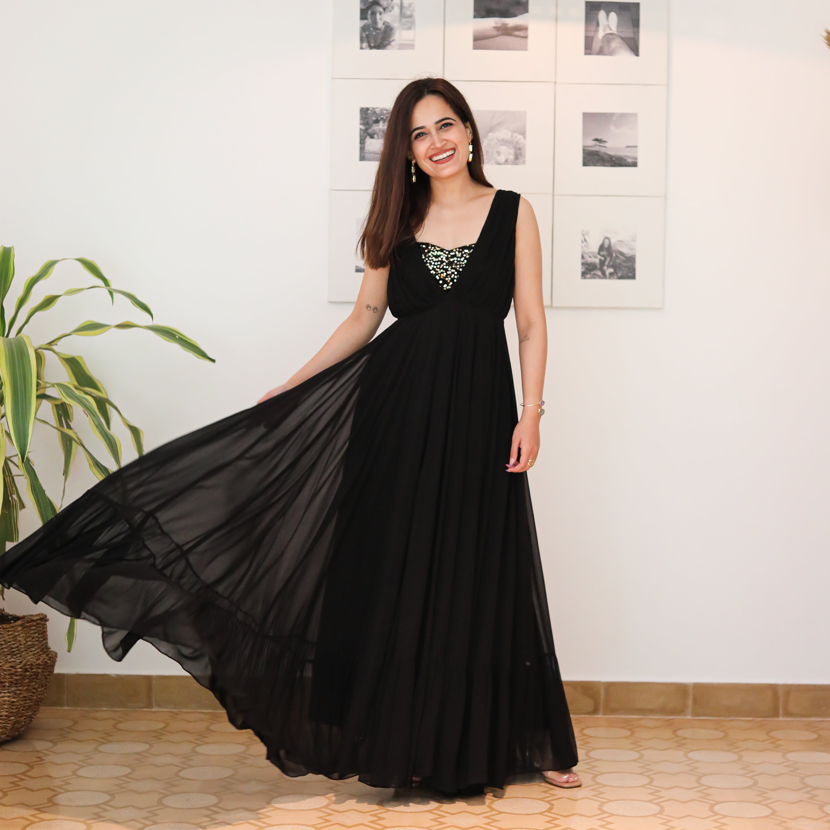 Moon Night Black Designer Georgette Long Dress For Women Online