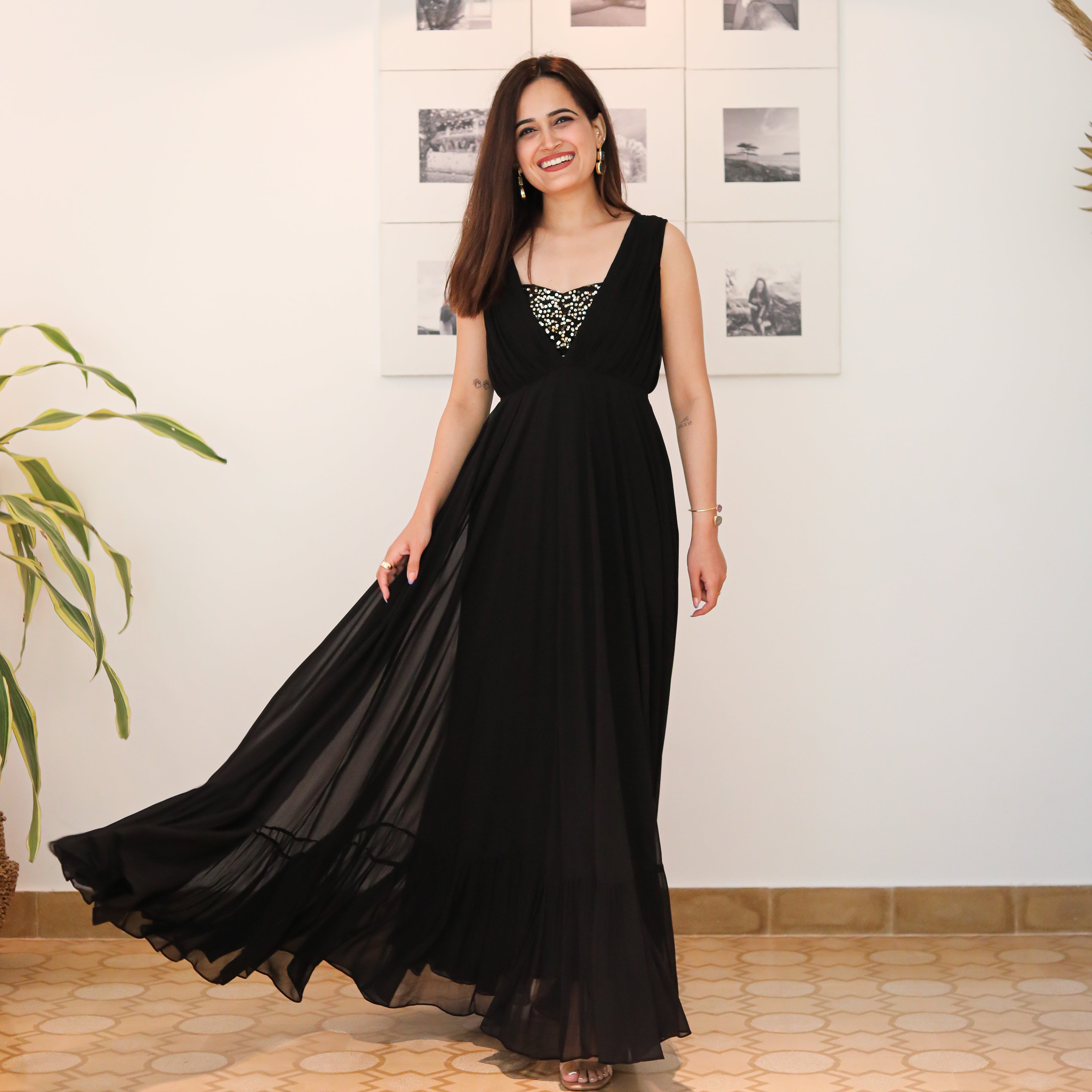 Georgette Black Long Dress with Sequin work