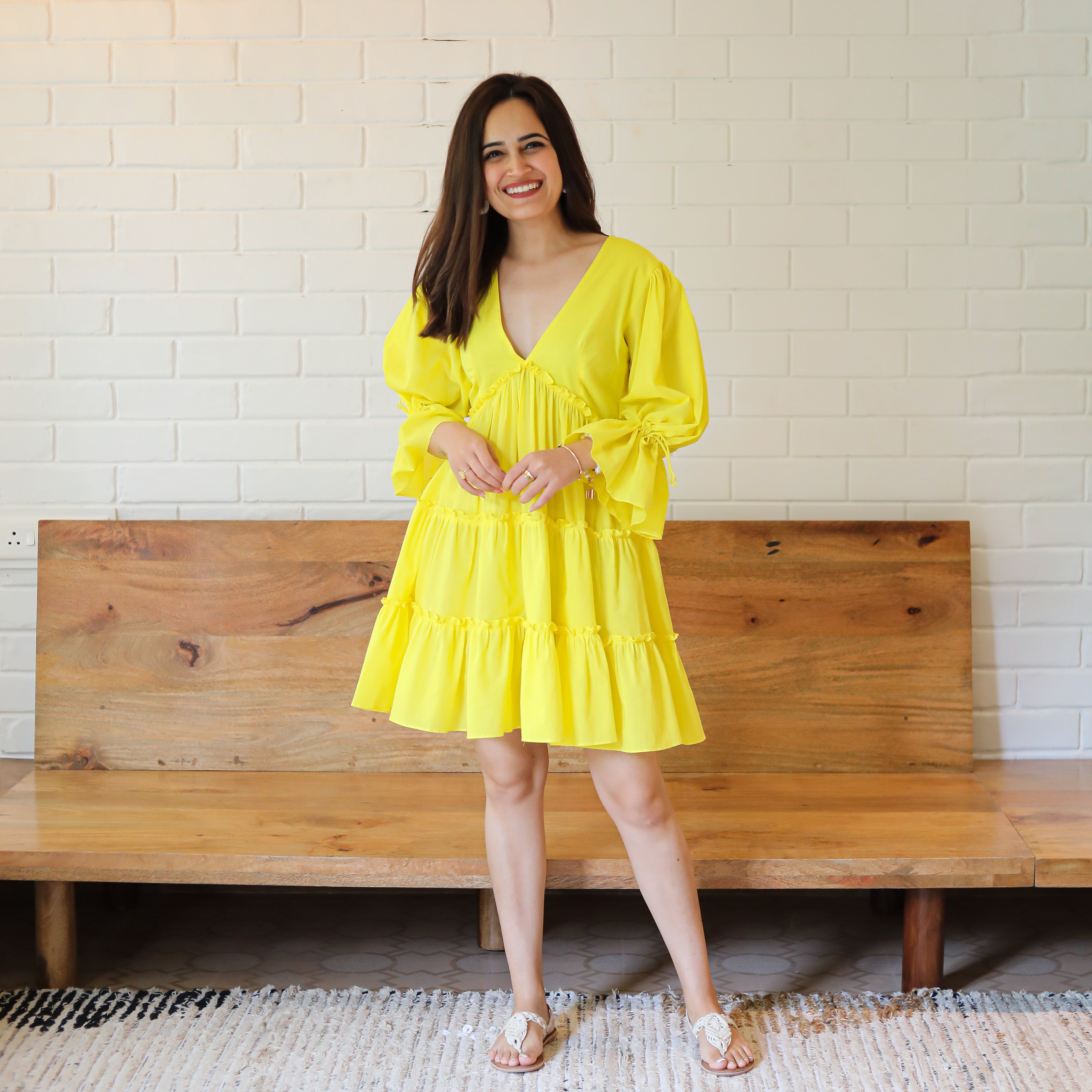 Buttercup Tiered Yellow Designer Short Dress For Women Online