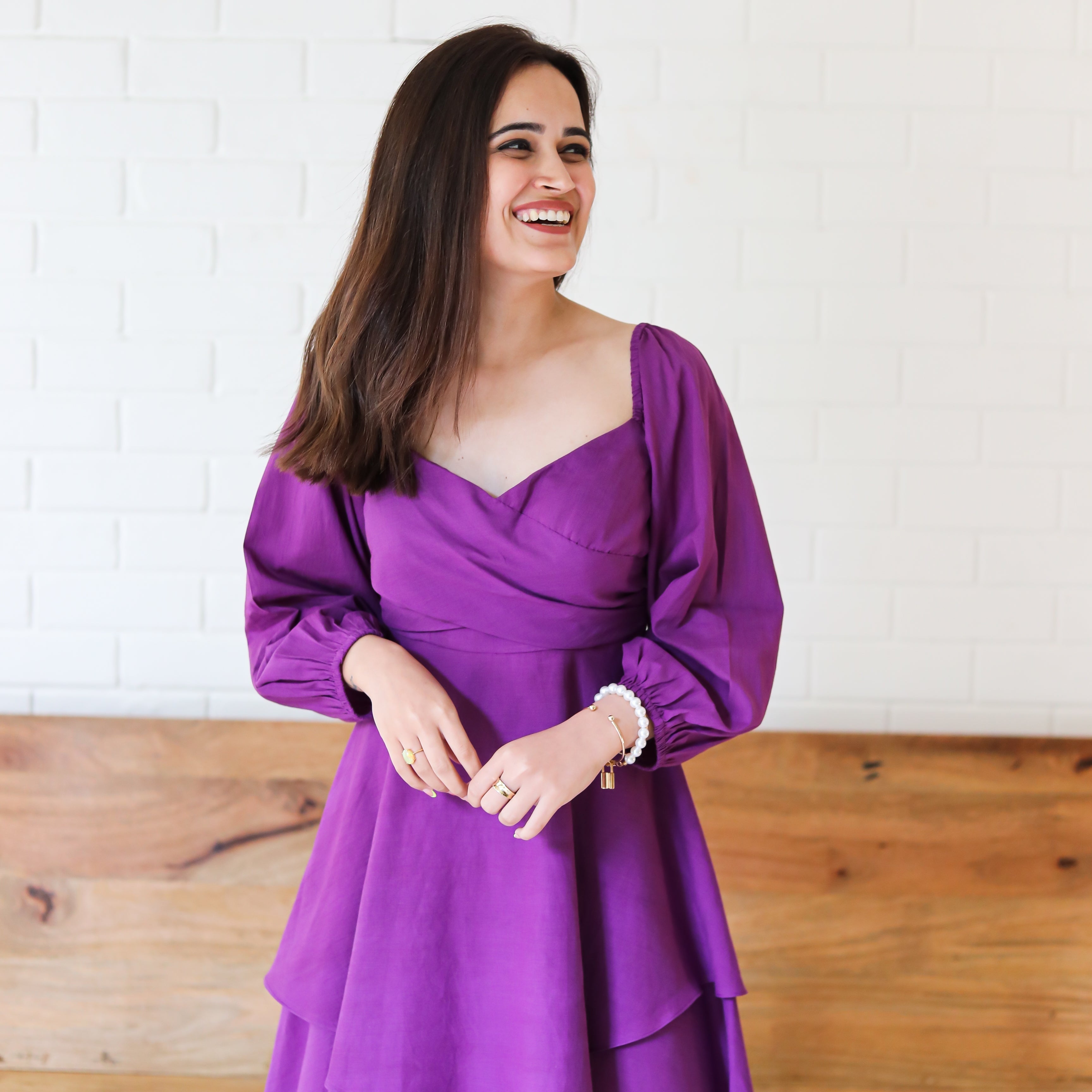 Purple Short Frill Dress with Balloon Sleeves