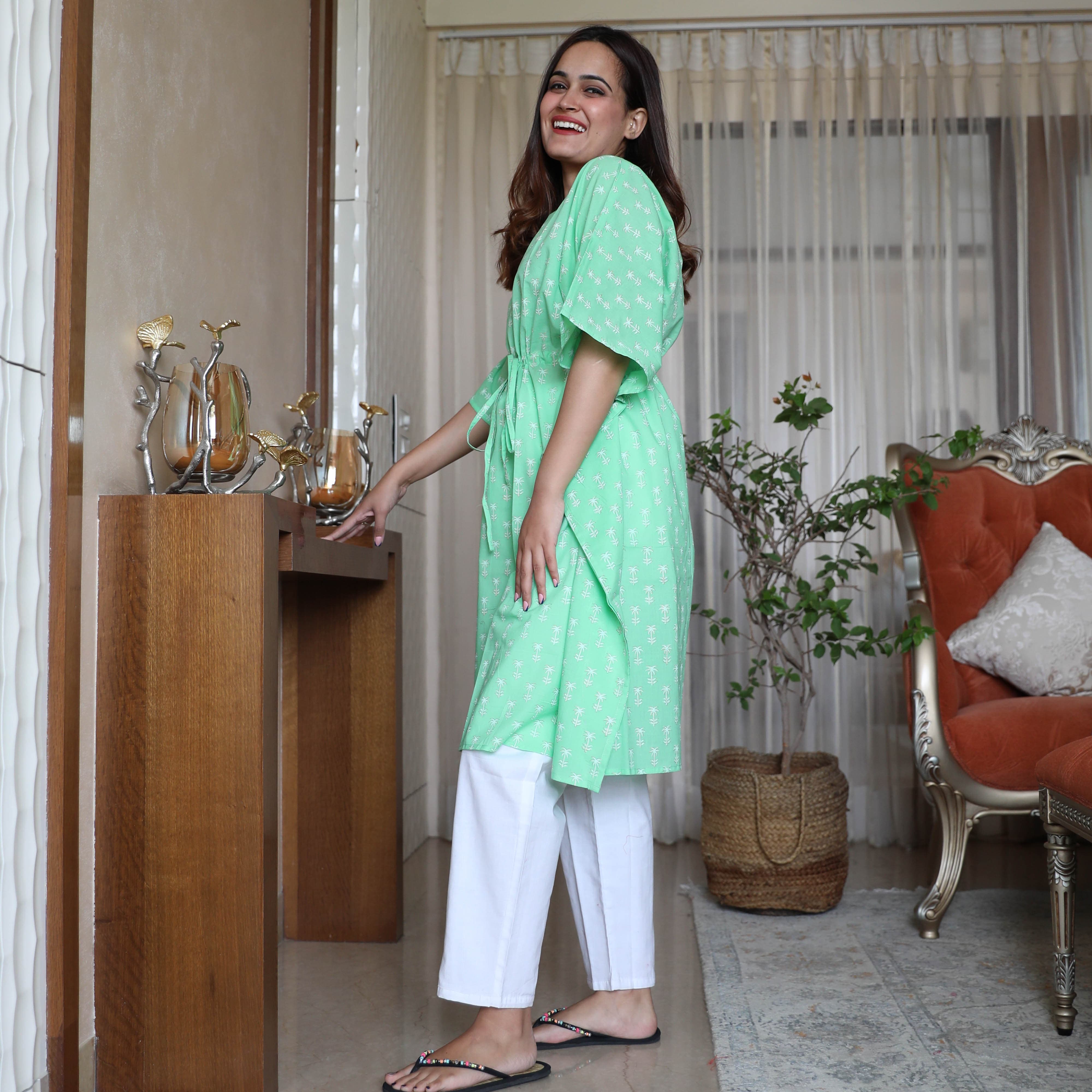 White Green Kaftan Summer Night Suits For Women Online 