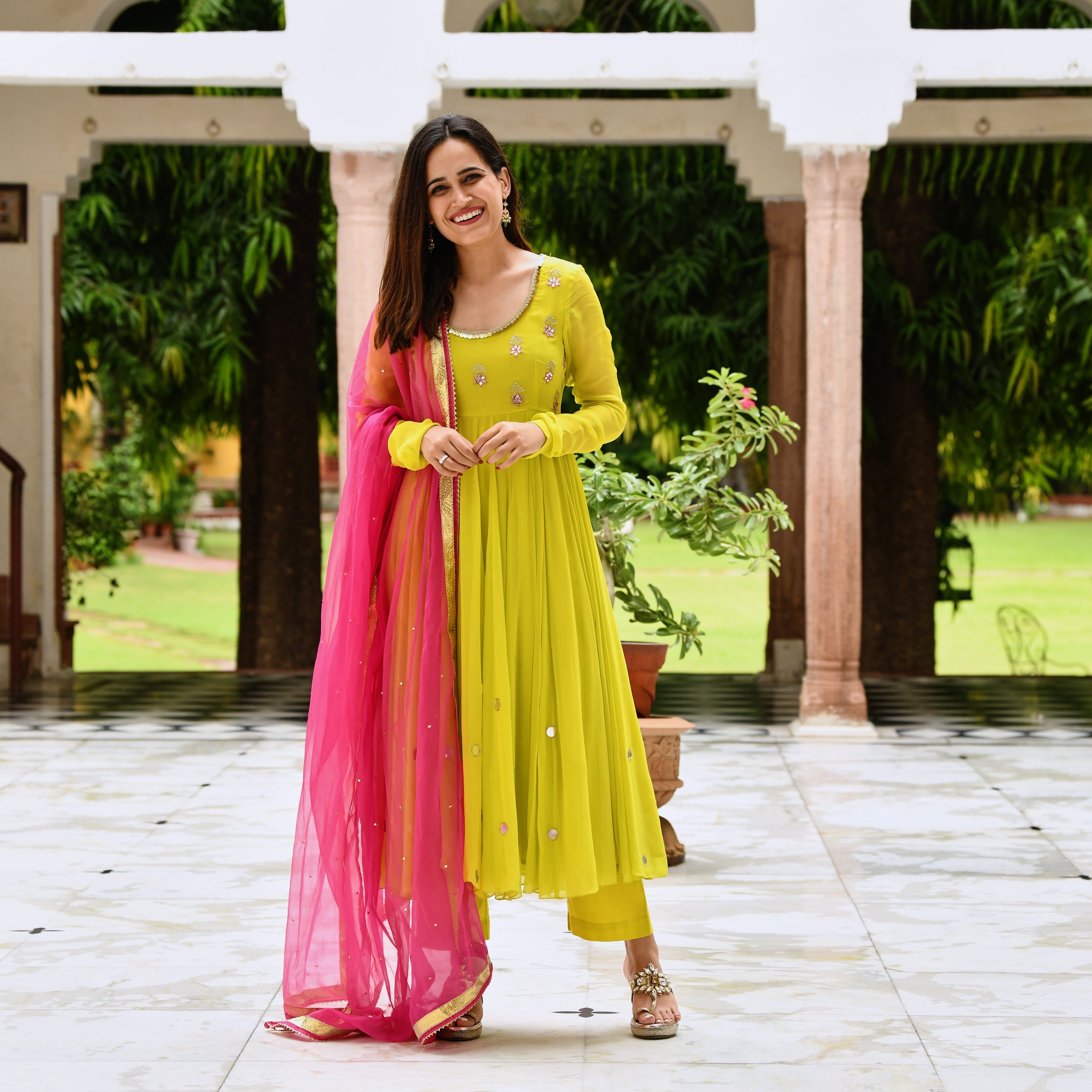 Yashi Round Neck Full Sleeves Yellow Anarkali Suit Set for Women Online